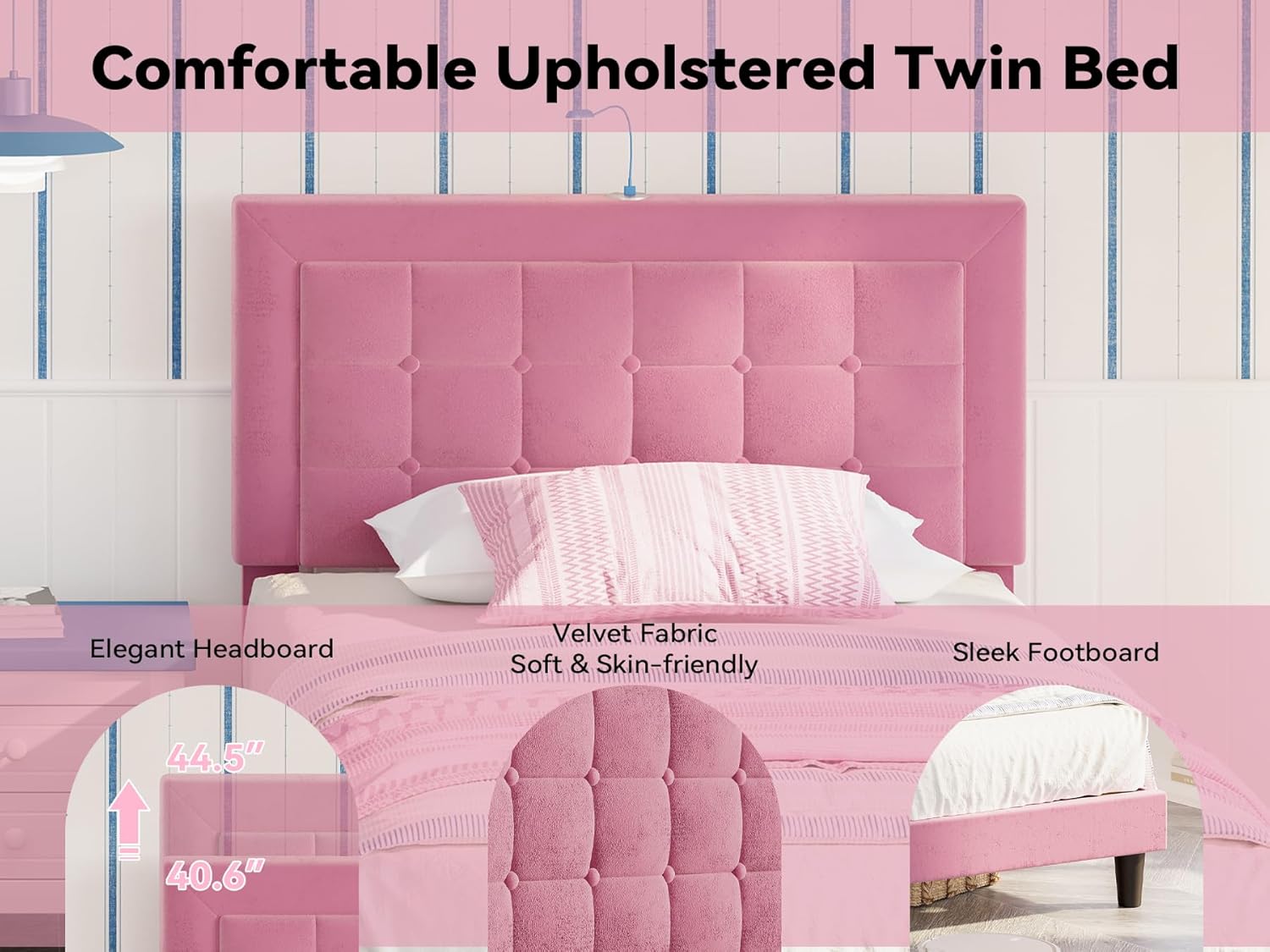 Features of the comfortable upholstered twin bed, including velvet fabric