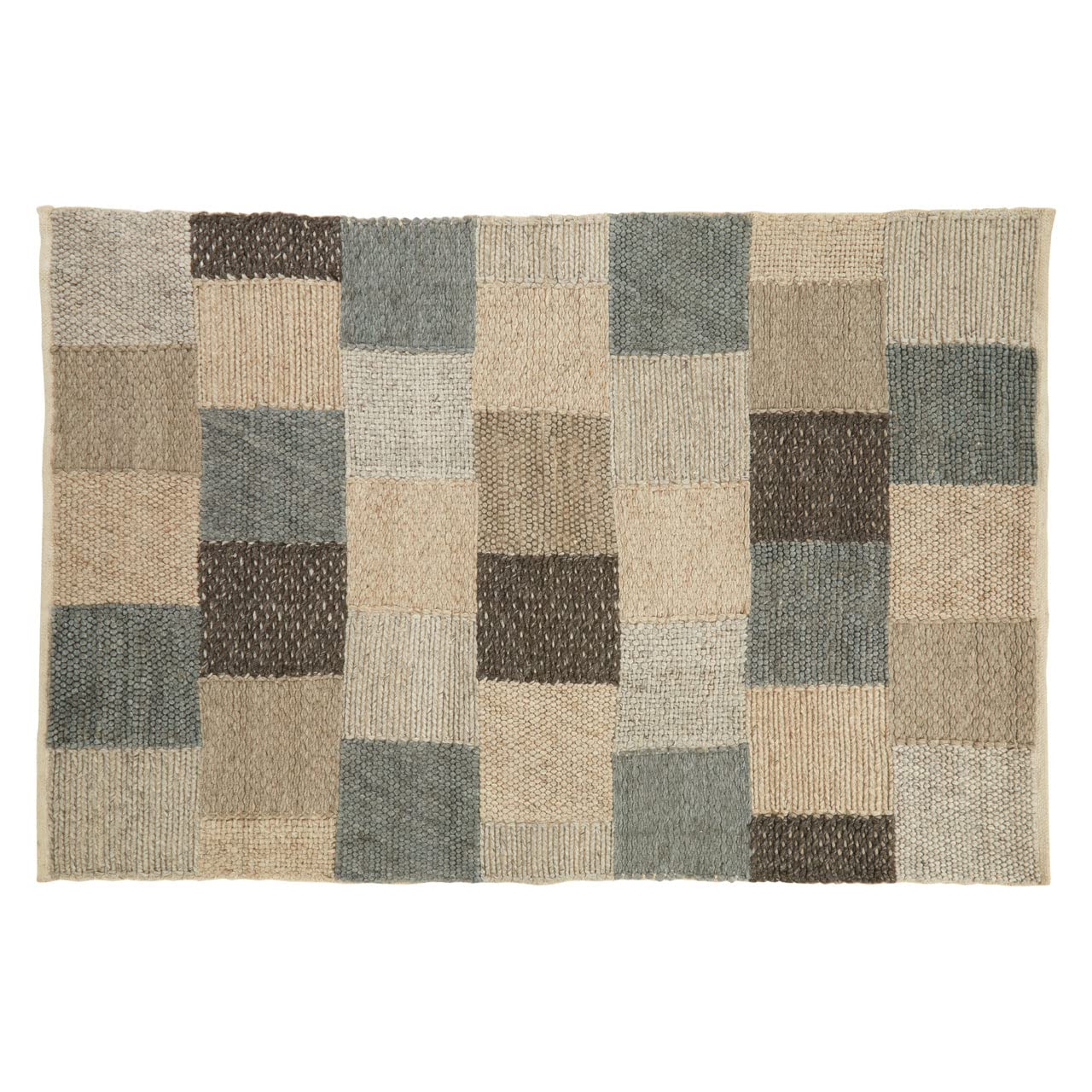 Large Neutral Grid Woven Rug - Beige Brown Grey - Handcrafted Patchwork Area Rug - Wool Cotton Blend Floor Mat - 240x150cm