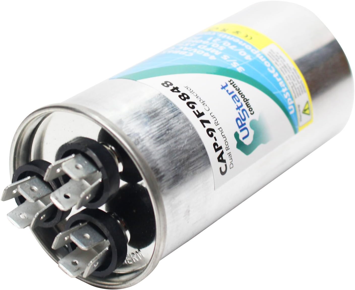 Szczyt view of the UpStart Components 35/5 MFD 440 Volt Dual Round Run Capacitor, showing the multiple terminals for electrical connections.