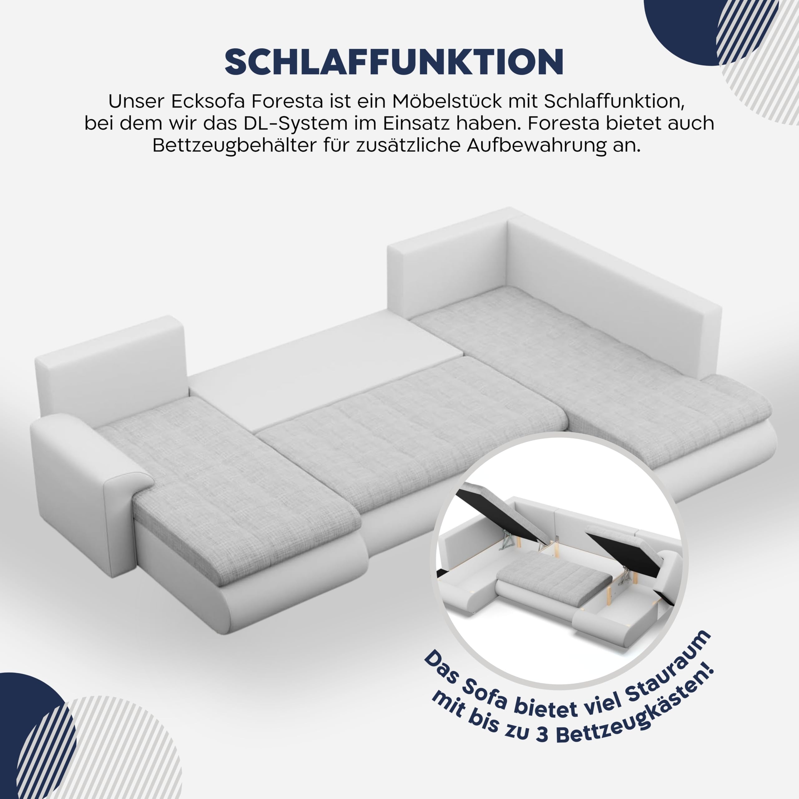 Mebligo - Ecksofa mit Schlaffunktion und 3 Bettkasten FORESTA 300x89x200 (BxHxT) Dunkelgrau + Schwarz - Ottomane Rechts Eckcouch, Couch U Form, Sofa Wohnzimmer, Sofas & Couches, Eckschlafsofa