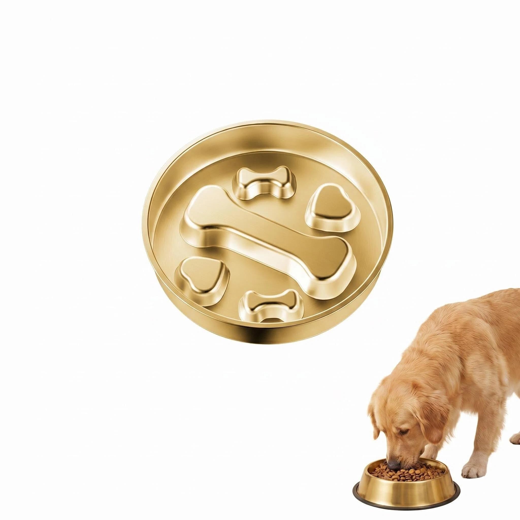 Stainless Steel Dog Bowls for Slow Down Eating, Gold Fun Slow Food Dog Bowl for Medium Large Dogs, 2 In 1 Non Slip Dog Food Bowls for Snack and Slow-feeding