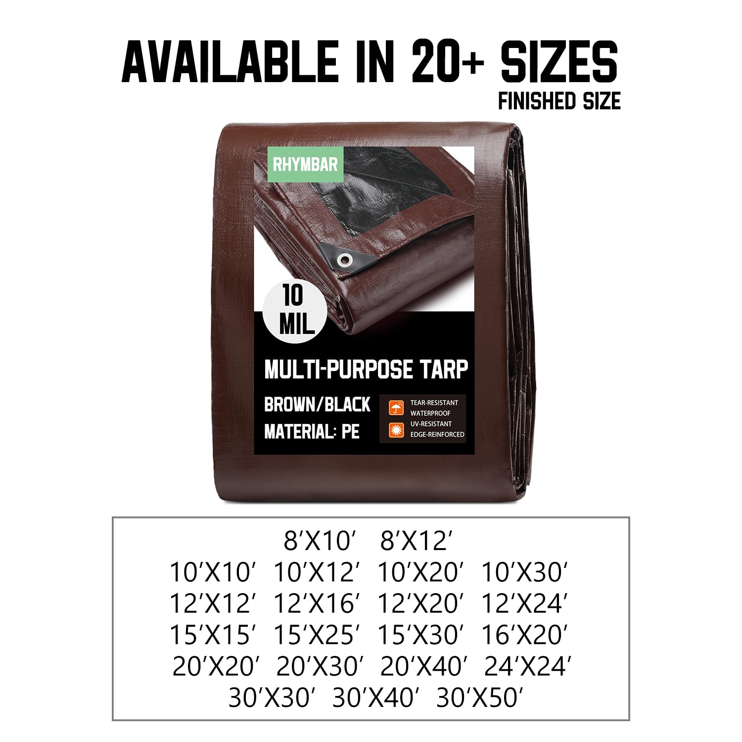 30 x 30 FT Waterproof Heavy Duty Tarp, 10 Mil Thick, Outdoor Furniture Covers, Plastic Insulated Tarpaulin for Camping Tent Roof Boat Patio Pool Cover, Large & Small Multi-Size Tarps, Brown/Black