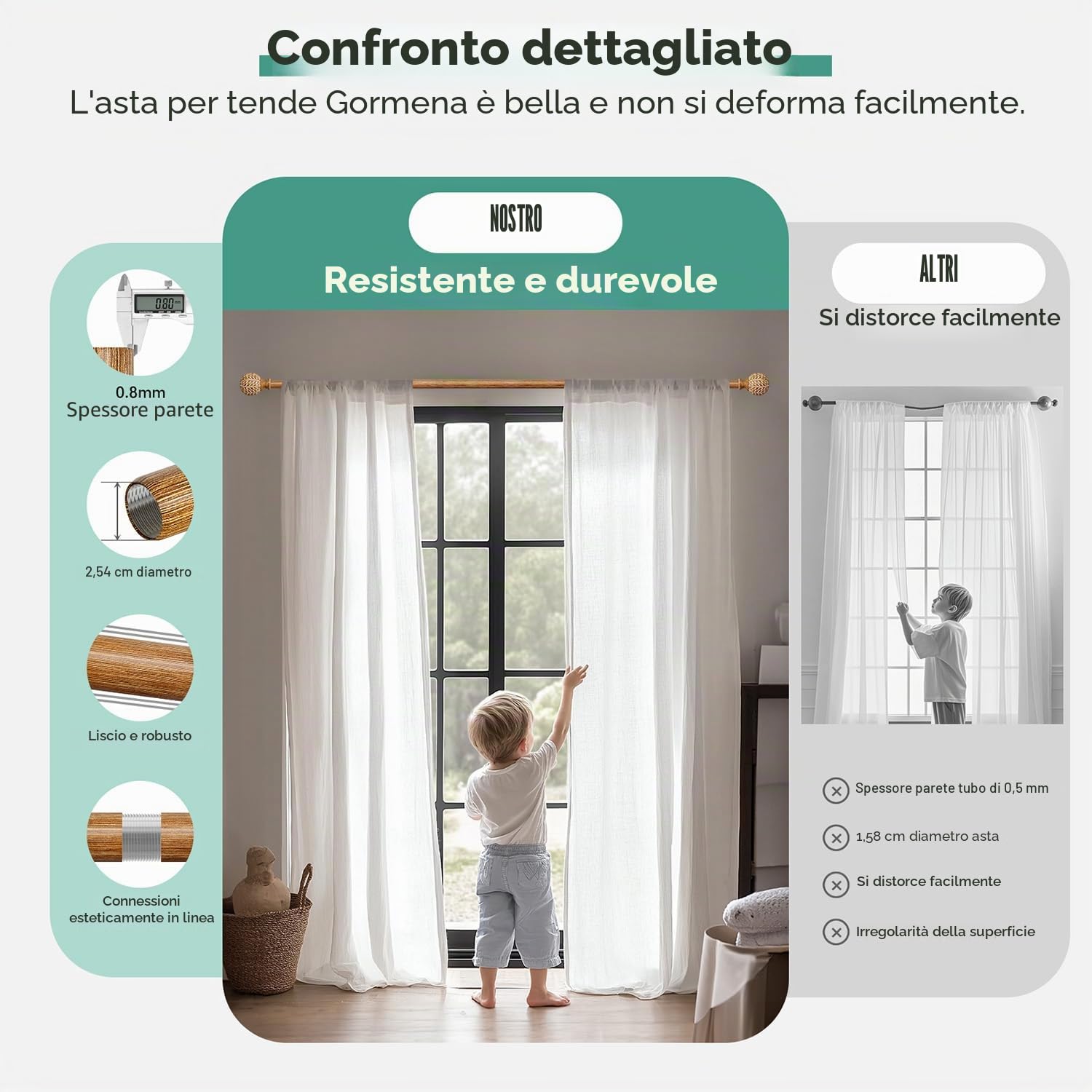 Bastone per tende per finestre, regolabile, in legno, 80-218 cm, 2,54 cm, resistente con finiture in finto legno con foglie, stile rustico Boho, colore legno naturale