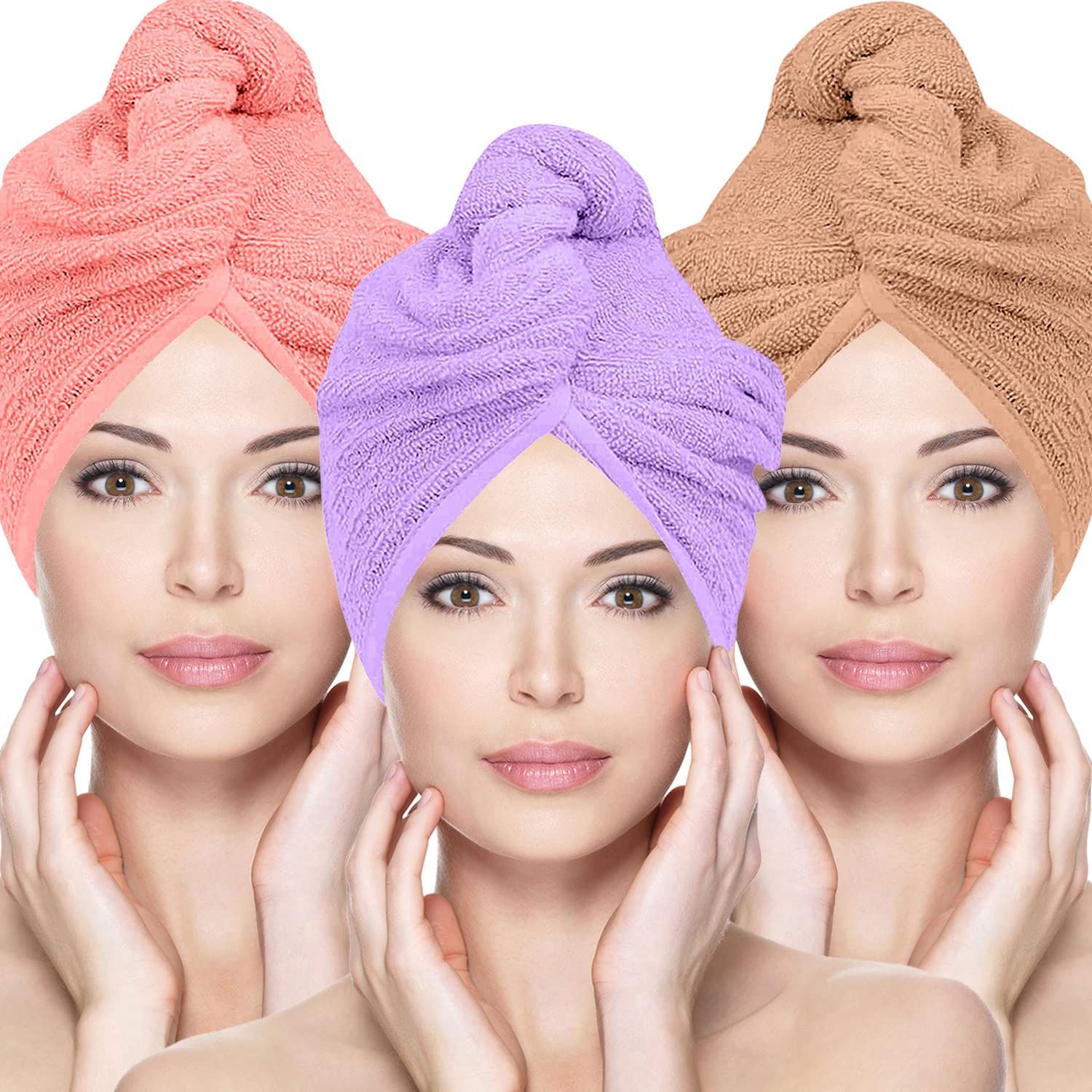 Glamza 3 Pack (Large) - Pink,Purple,Nude Microfibre Hair Towel Wrap Super Absorbing Twist Turban Hair Wrap With Buttons For Fast Drying Hair (3 Pack (Large) - Pink,Purple,Nude)
