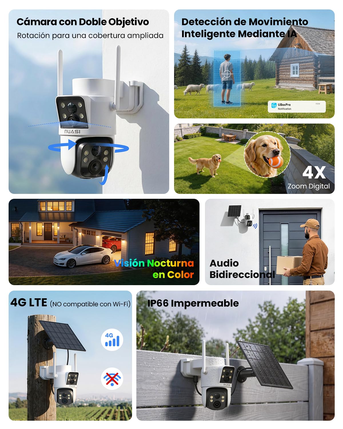 4G LTE Solar Cámara Vigilancia Exterior, Cámara de Doble Lente 2K+2K con Panel Solar, Cámara de Seguridad Exterior con AI Detección Humana PIR, Visión Nocturna a Color, Audio Bidireccional
