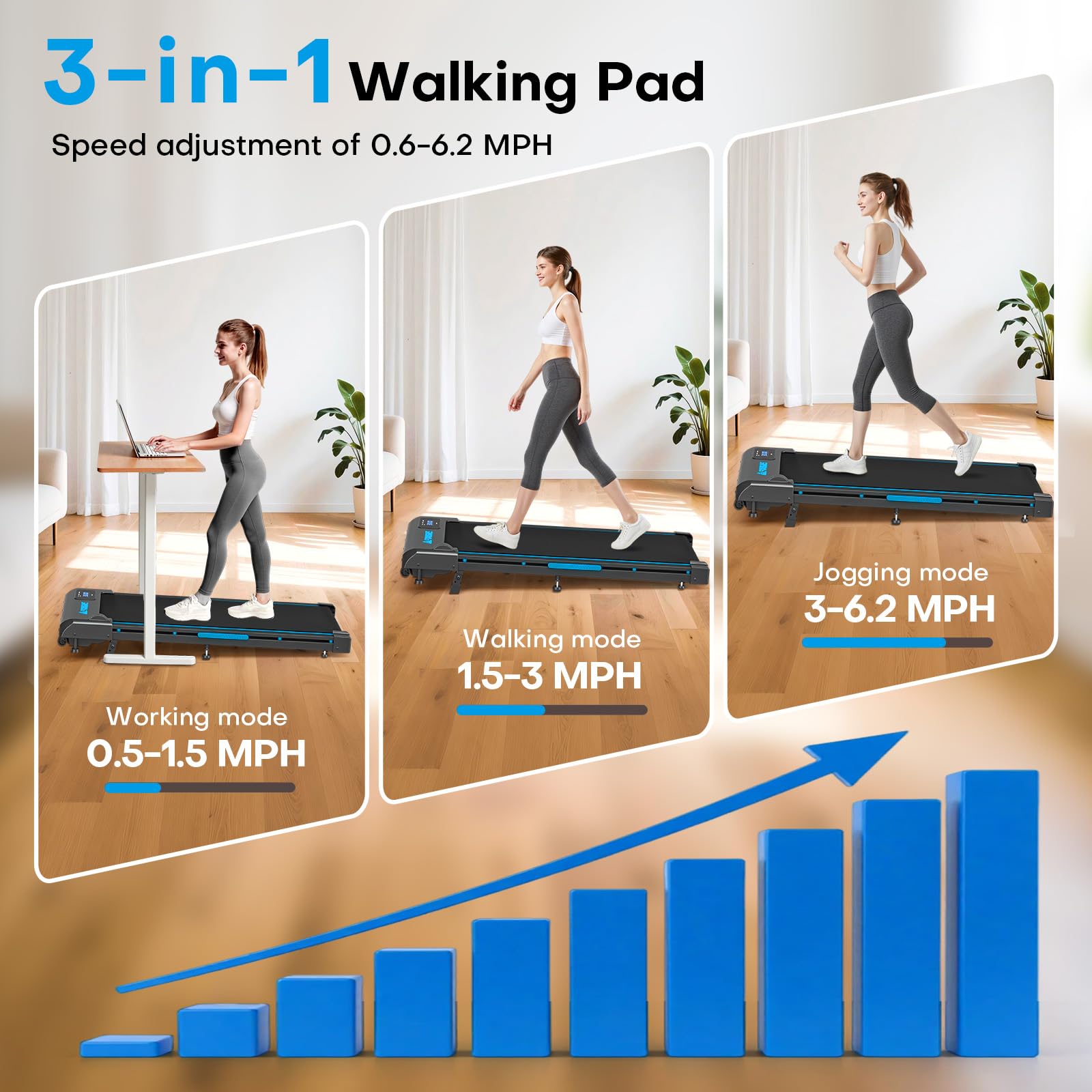 Walking Pad with 9% Incline, FOUSAE 3 in 1 6.2 MPH Treadmill for Home with Double Frame 330 LB Weight Capacity, 2.5 HP Under Desk Walking Pad Treadmill with 12 HIIT Programs, Magnetic Remote Control - 2