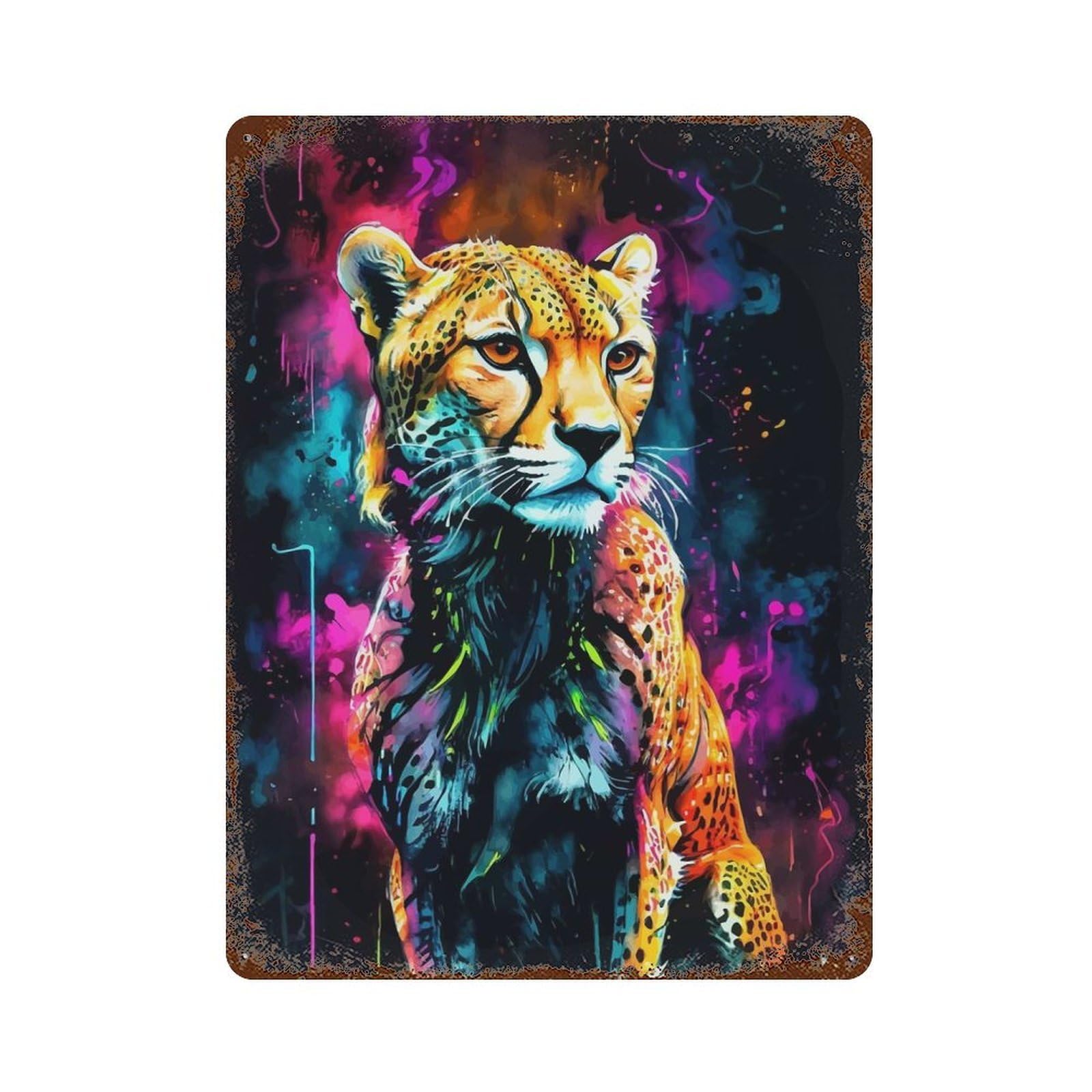 Neon Cheetah Weathered Tin Sign 15.7"x11.8", Novelty Wall Decor for Garage, Pub Or Kitchen