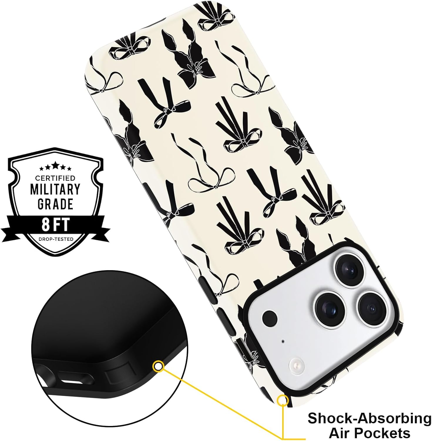 Cute Bow Phone Case for iPhone 17 Pro Case 6.3", Black Aesthetic Coquette Preppy Ribbon Bowknot Pattern Print Design Matte Phone Cover Shockproof Soft TPU Hard PC Protection Girls Women Funda image 4