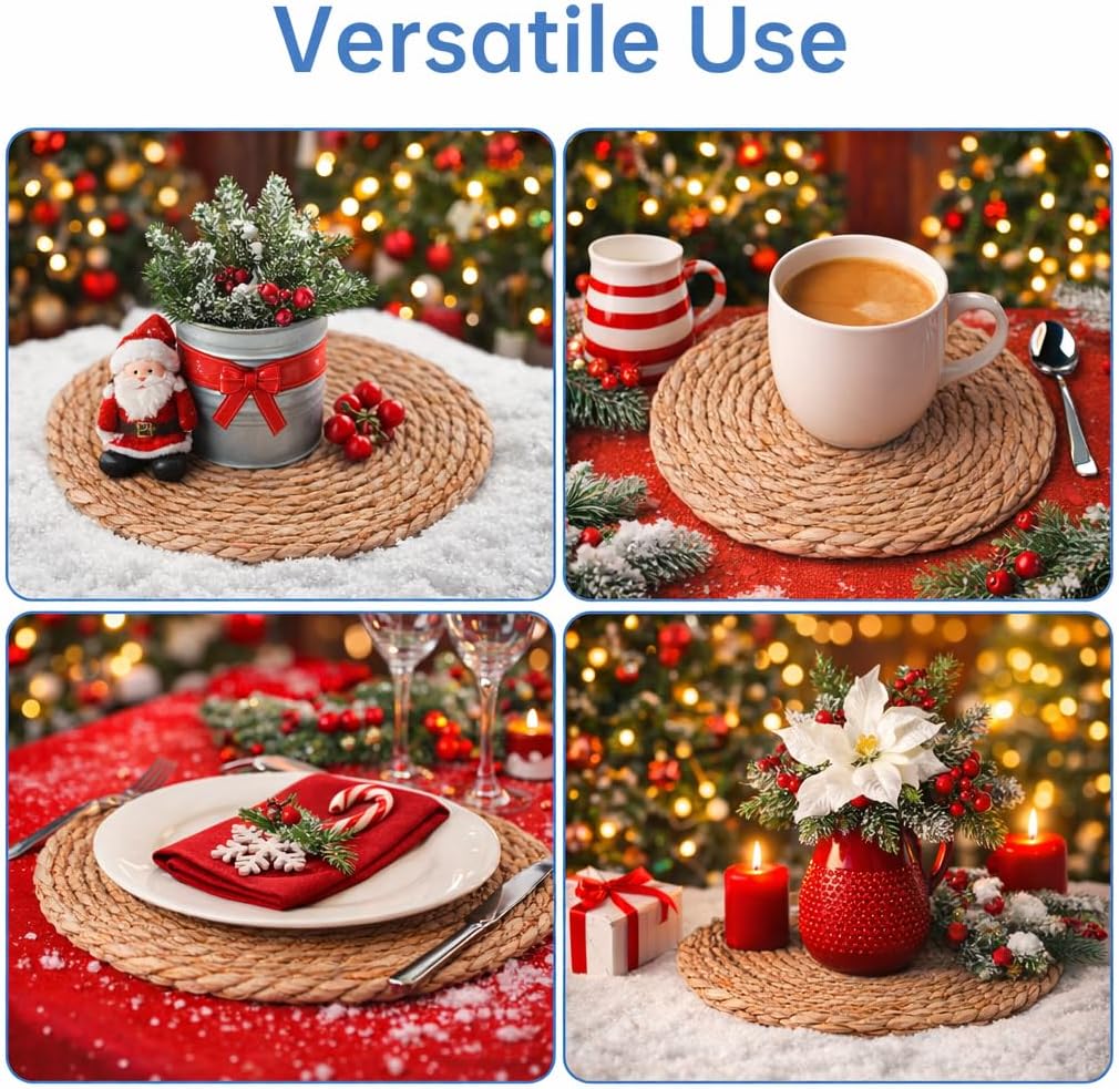 NiHome 12-Pack Round Woven Placemats & Coasters Set, 6 Large 12-Inch + 6 Small 4-Inch, Handcrafted Heat-Resistant Table Mats for Dining, Kitchen, Living Room, Outdoor and Festive Decor, Easy to Clean