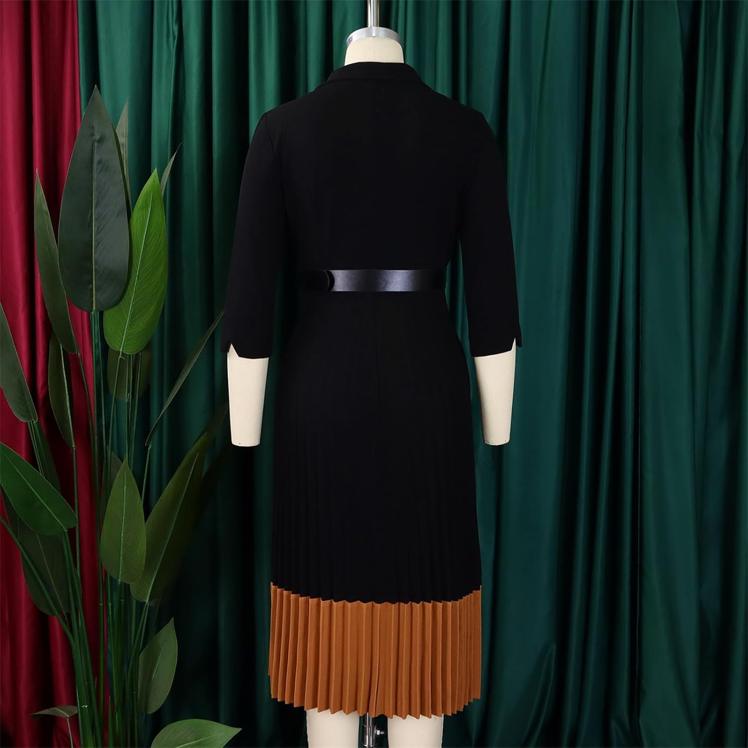 Women's 3/4 Sleeve Pleated Dress Midi Dress with Belt V Neck Business Elegant Dresses Formal Lady Dress