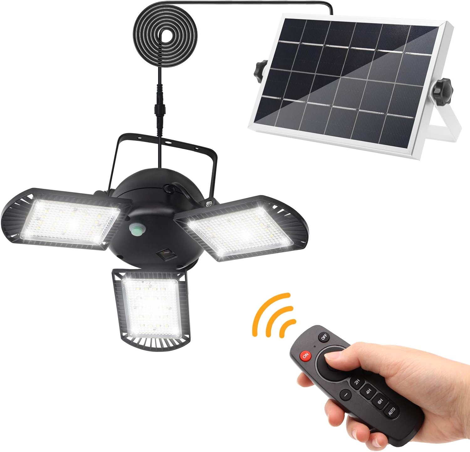 KUFUNG Solar Pendant Light with Adjustable Multi-Position Panels, Waterproof Solar lamp with Remote Control, for Garage, Deck, Fence, Patio, Shed, Tent(NO Sensor)