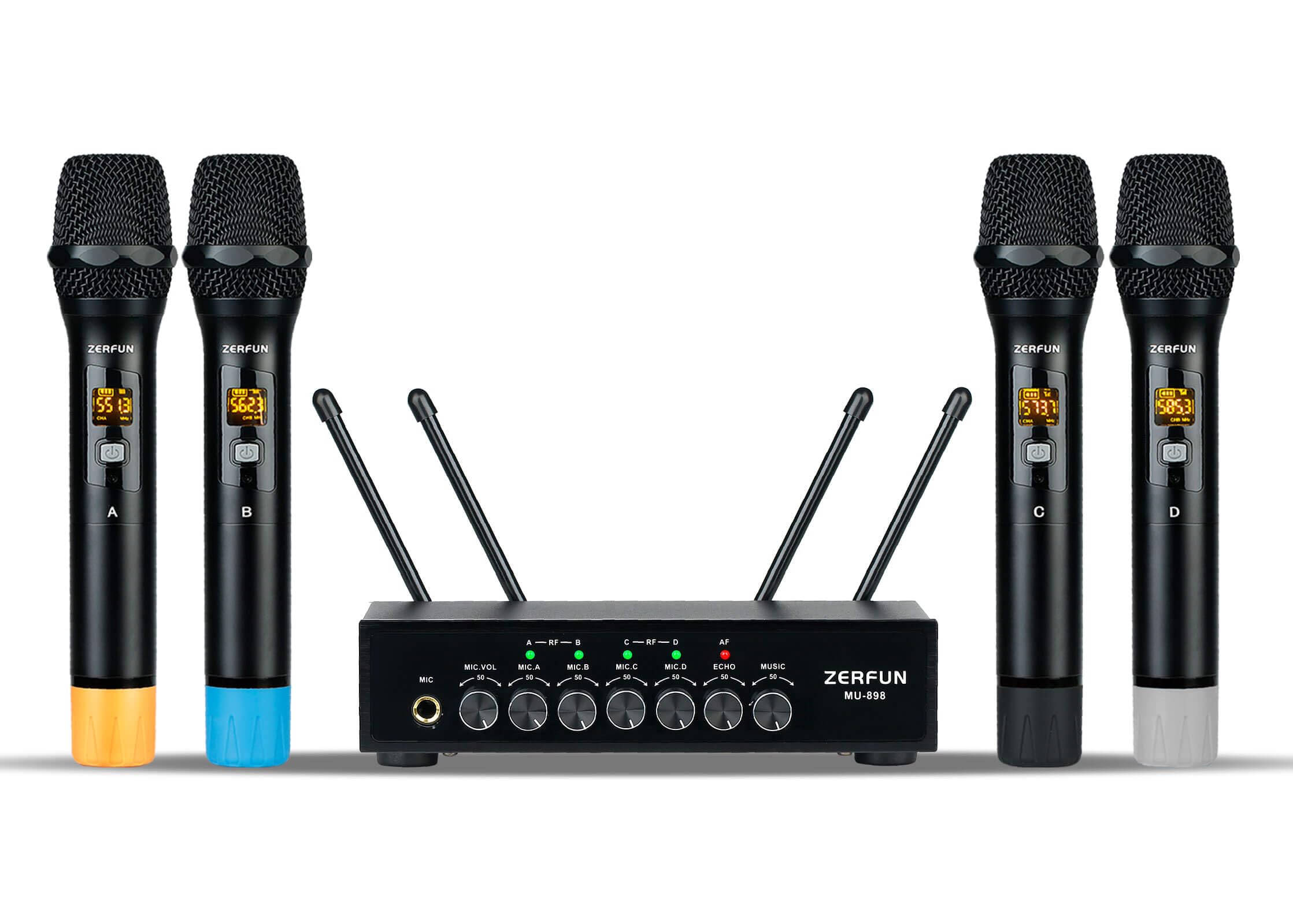 Bezprzewodowy system mikrofonowy UHF, 4-kanałowy metalowy ręczny mikrofon bezprzewodowy, profesjonalne mikrofony bezprzewodowe z regulacją głośności Echo Bluetooth do śpiewania karaoke Church