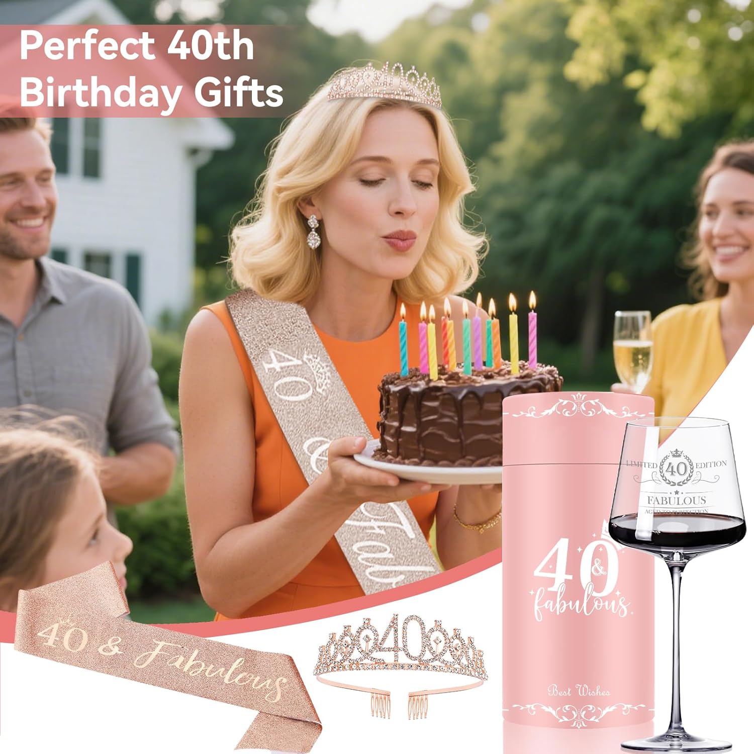 40TH Birthday Gifts for Women,Vintage Engraved 40th Wine Glass,40 Year Old Birthday Decorations For Her,40&Fabulous Sash and Tiara For Women,Friends,Sister-Turning 40th Party Favor Supplies - Image 5