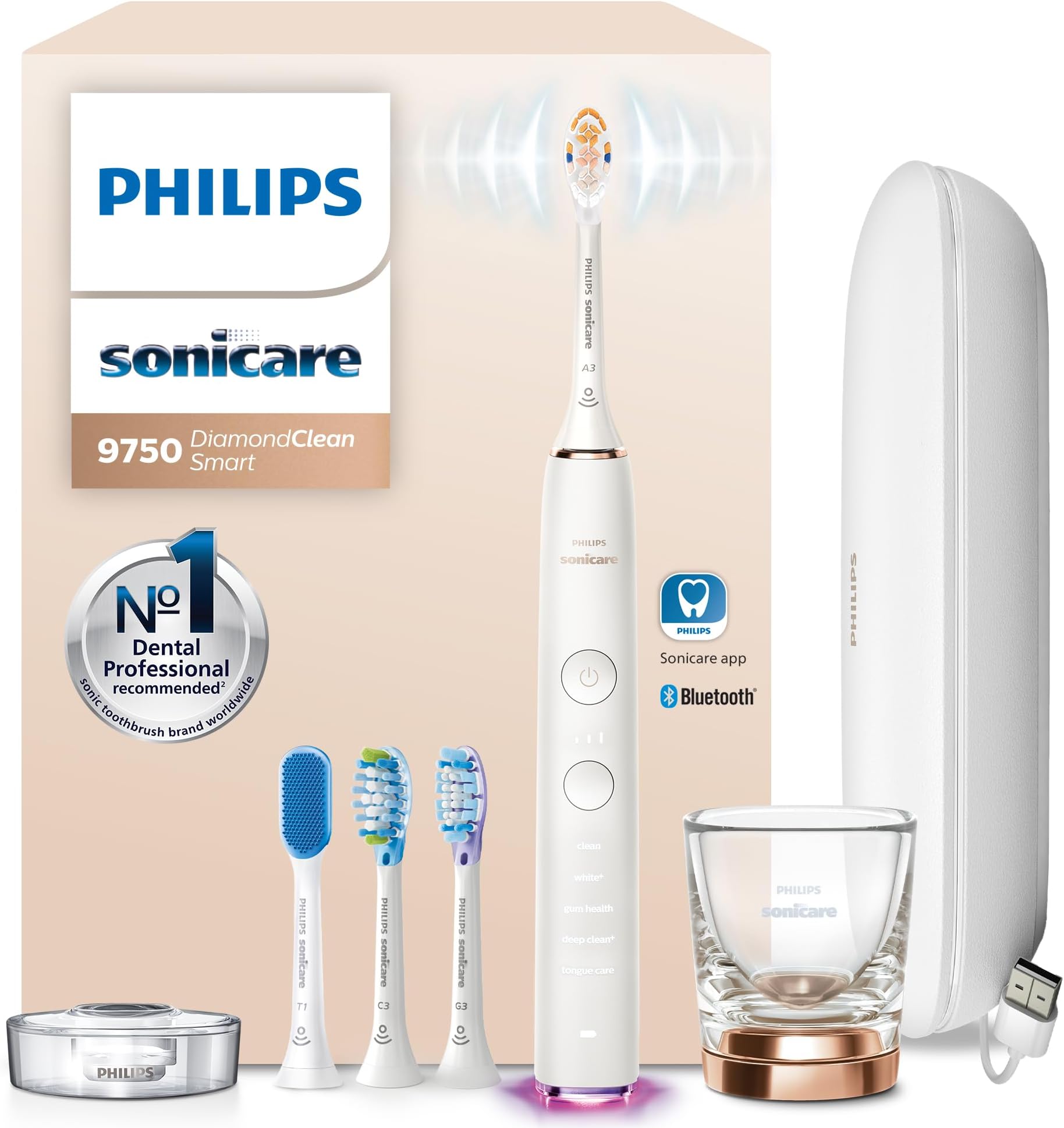 DiamondClean Smart 9750 Electric Toothbrush - Sonic Toothbrush with App, Pressure Sensor, 15 Brushing Settings, Replacement Reminder, USB Charging Travel Case, Rose Gold, HX9924/67