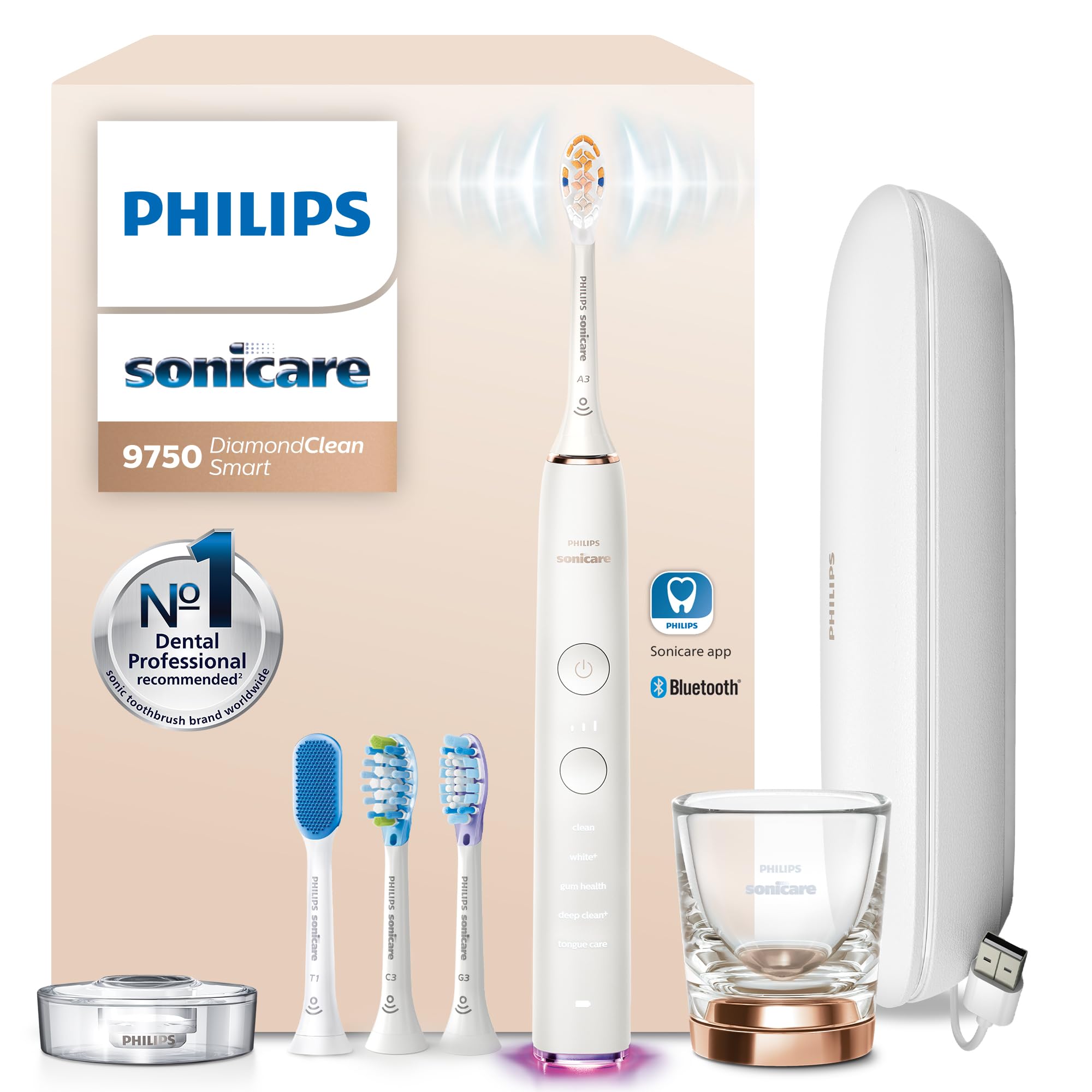 Photo 1 of Philips Sonicare DiamondClean Smart 9750 Electric Toothbrush - Sonic Toothbrush with App, Pressure Sensor, 15 Brushing Settings, Replacement Reminder, USB Charging Travel Case, Rose Gold, HX9924/67