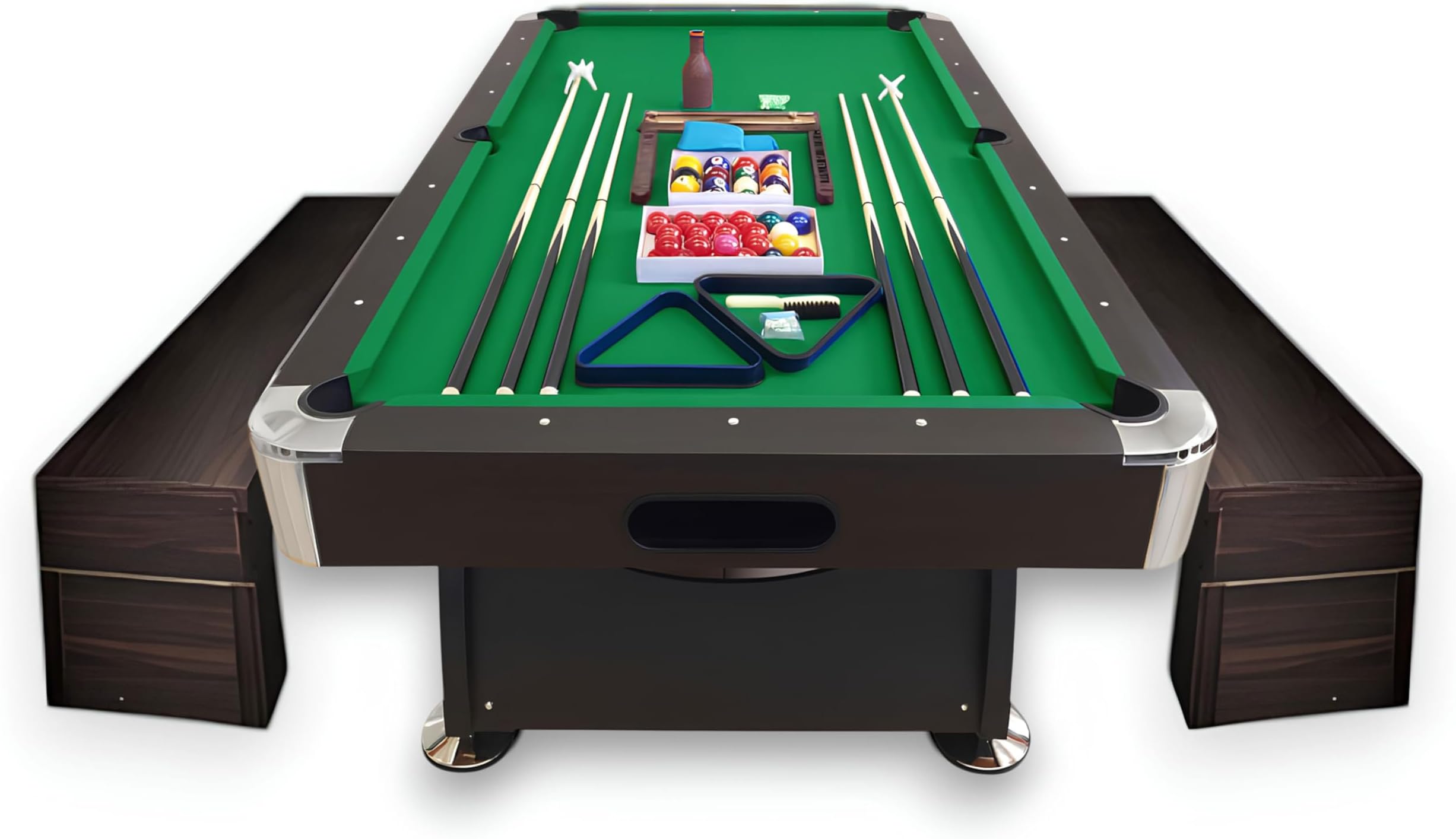 8 Foot Pool Table with Storage Benches Modern Billiard Table with Green Felt and Ball Return - Vintage Green
