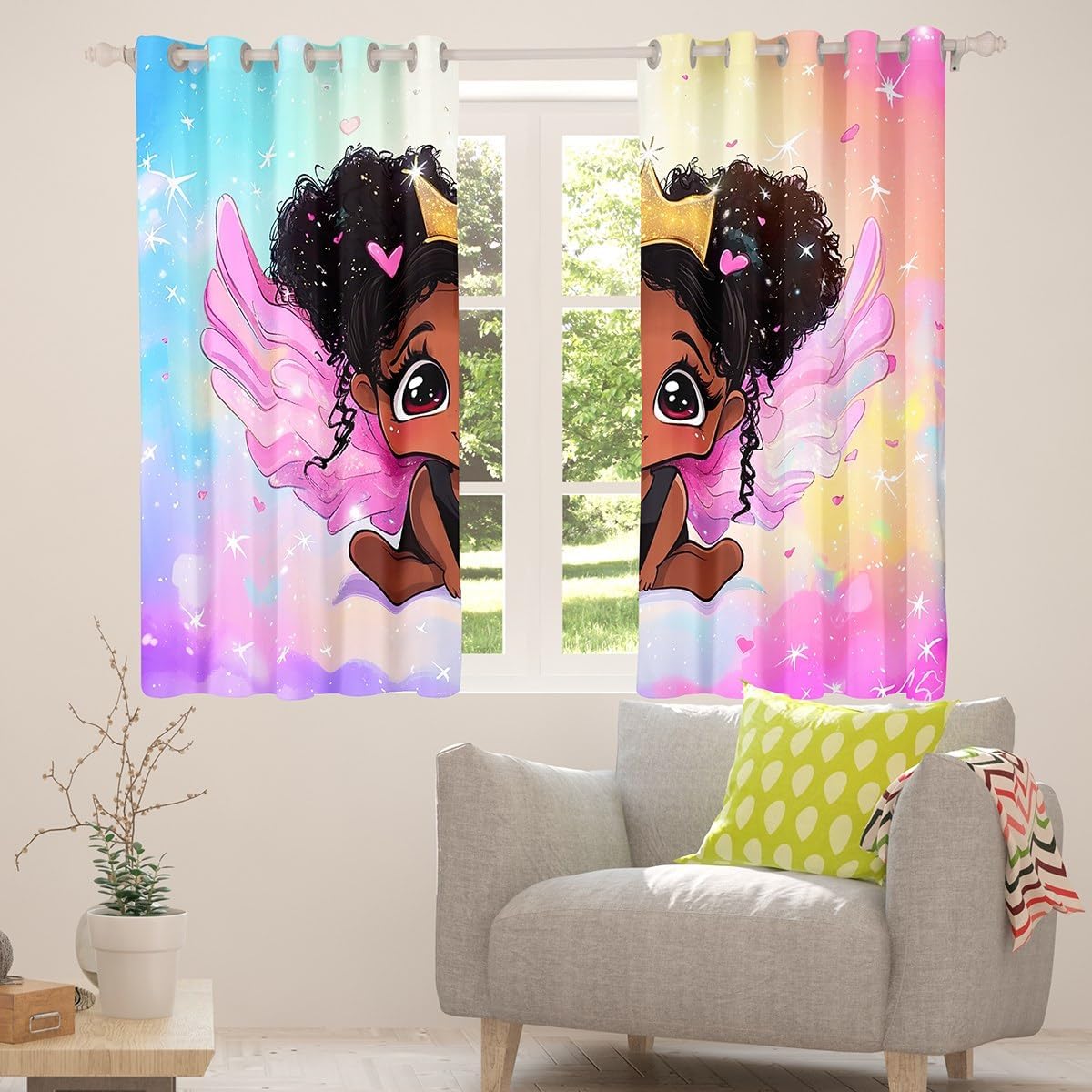 Manfei Cute Black Princess Curtains Kids Kawaii Princess Girl Curtain,Window Treatment Curtain for Boys Girls Room Decor,Luxury Crown Hearts Window Drapes,Top 2 Panel,52Wx84L