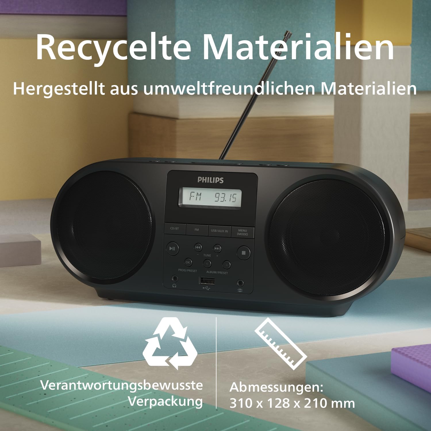 Philips TAZ5000 Multifunktions-CD-Spieler mit FM-Radio, Bluetooth 5.4, USB, Batterie/Netzstrom, Dynamic Bass, recycelte Materialien und 3,5 mm Kopfhörerbuchse