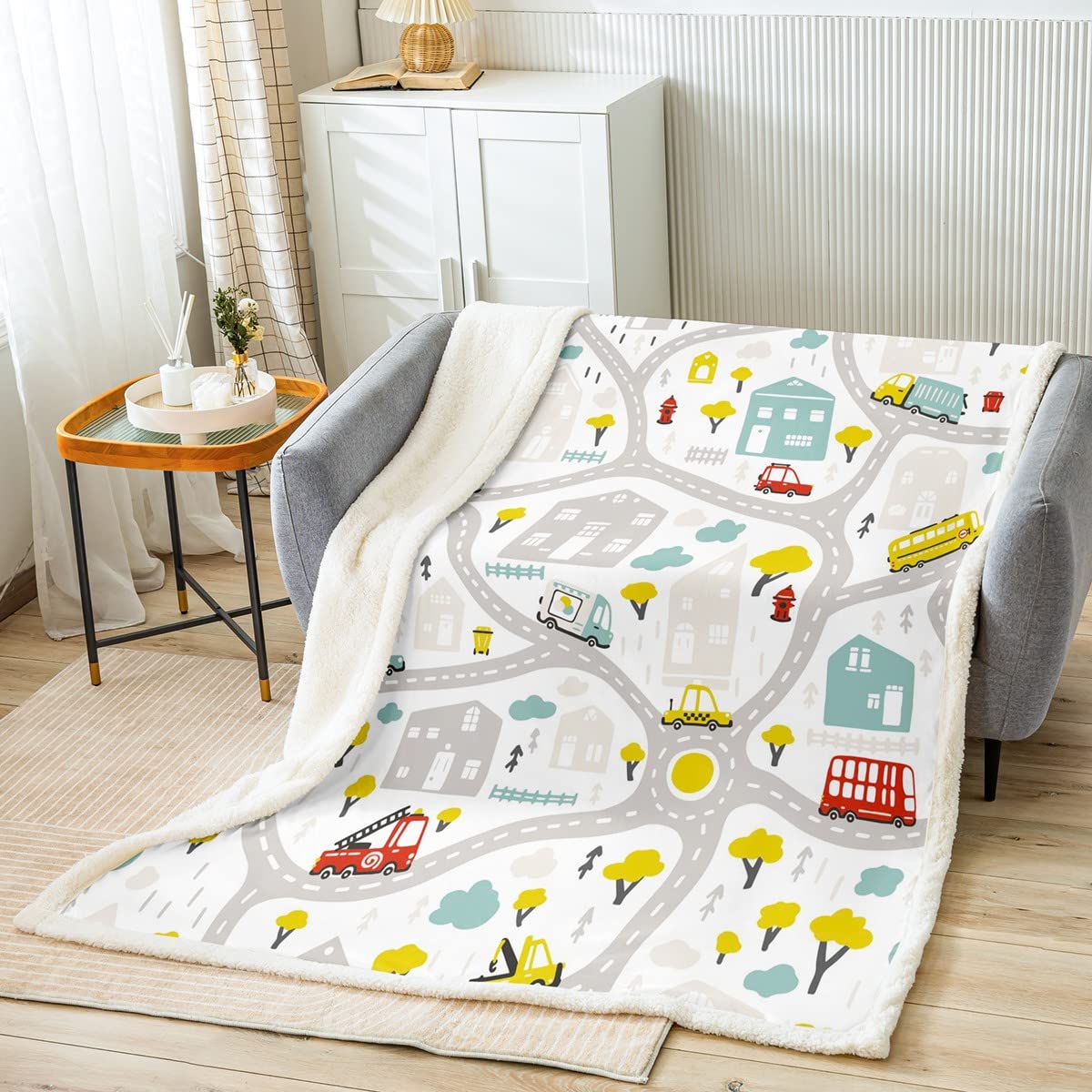 Coperta per bambini in pile Sherpa per strada, per letto, divano, polizia, auto, camion dei pompieri, coperta fuzzy veicolo, coperta in peluche da regina 200 x 200 cm