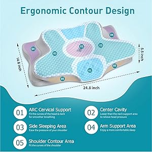 Cervical Pillow for Neck Pain Relief - Ergonomic Pillow for Sleeping Side Sleeper Pillow for Adults, Contour Neck Pillow Cooling Memory Foam Pillows, Orthopedic Bed Pillow for Back Stomach Sleepers