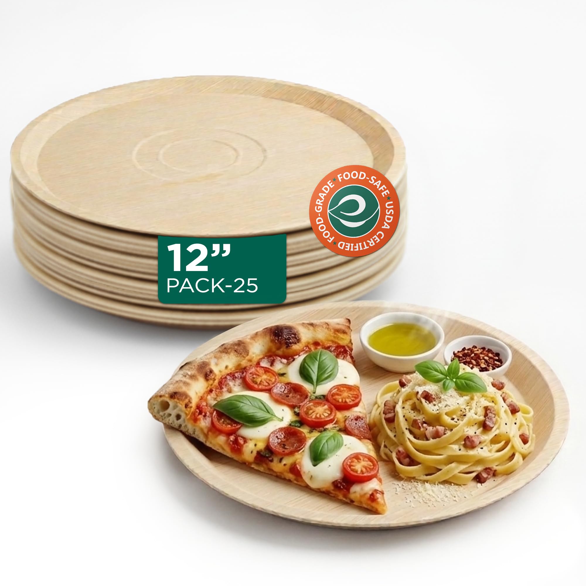 ECO SOUL Bamboo Disposable Plates[12 Inch],Round,Pack of 25