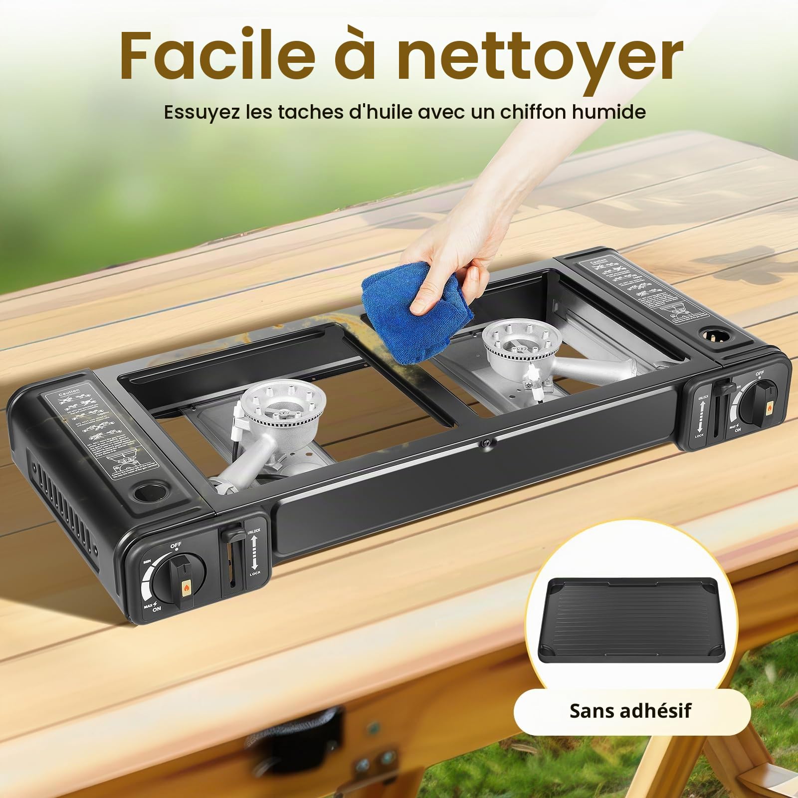 Réchaud à Gaz Portable à 2 Flammes - 2 × 1,15 kW - Avec Boîte de Rangement et Plaque de Cuisson Antiadhésive, Faible Consommation de Gaz, Propre Allumeur de Tension