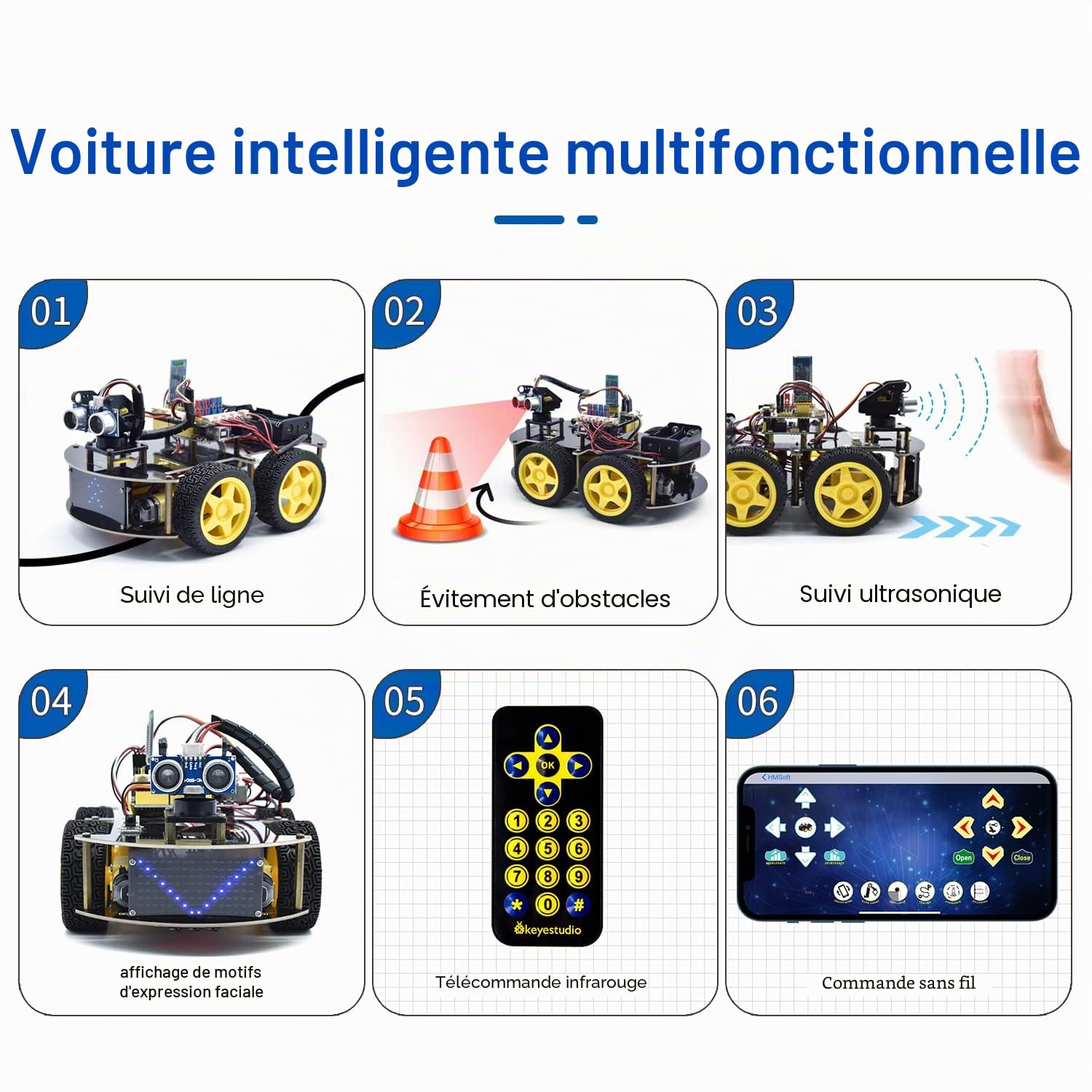 KEYESTUDIO Kit de démarrage de Voiture Robot 4 Roues motrices pour Arduino IDE, télécommande Infrarouge Bluetooth, Suivi de Ligne, prévention des Obstacles, etc. Kit de Programmation robotique