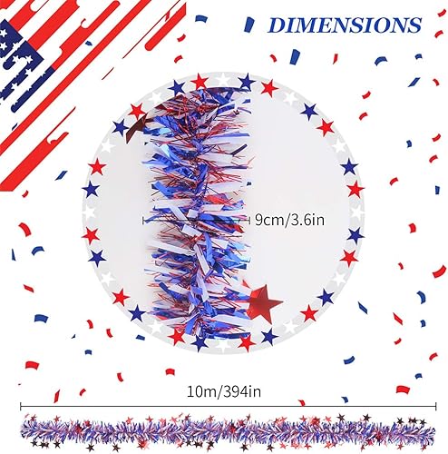 Miniatura 9 de CCINEE Guirnalda de oropel de 33 pies y 4 de julio, guirnalda patriótica de papel metálico para decoración de fiesta en el hogar