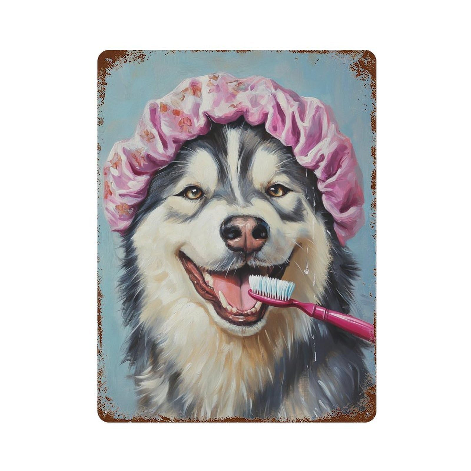 Dog with Shower Cap Brushing Teeth 15.7"x11.8" Vintage Rust Metal Sign, Novelty Wall Decor for Living Room, Hallway And Home Decor