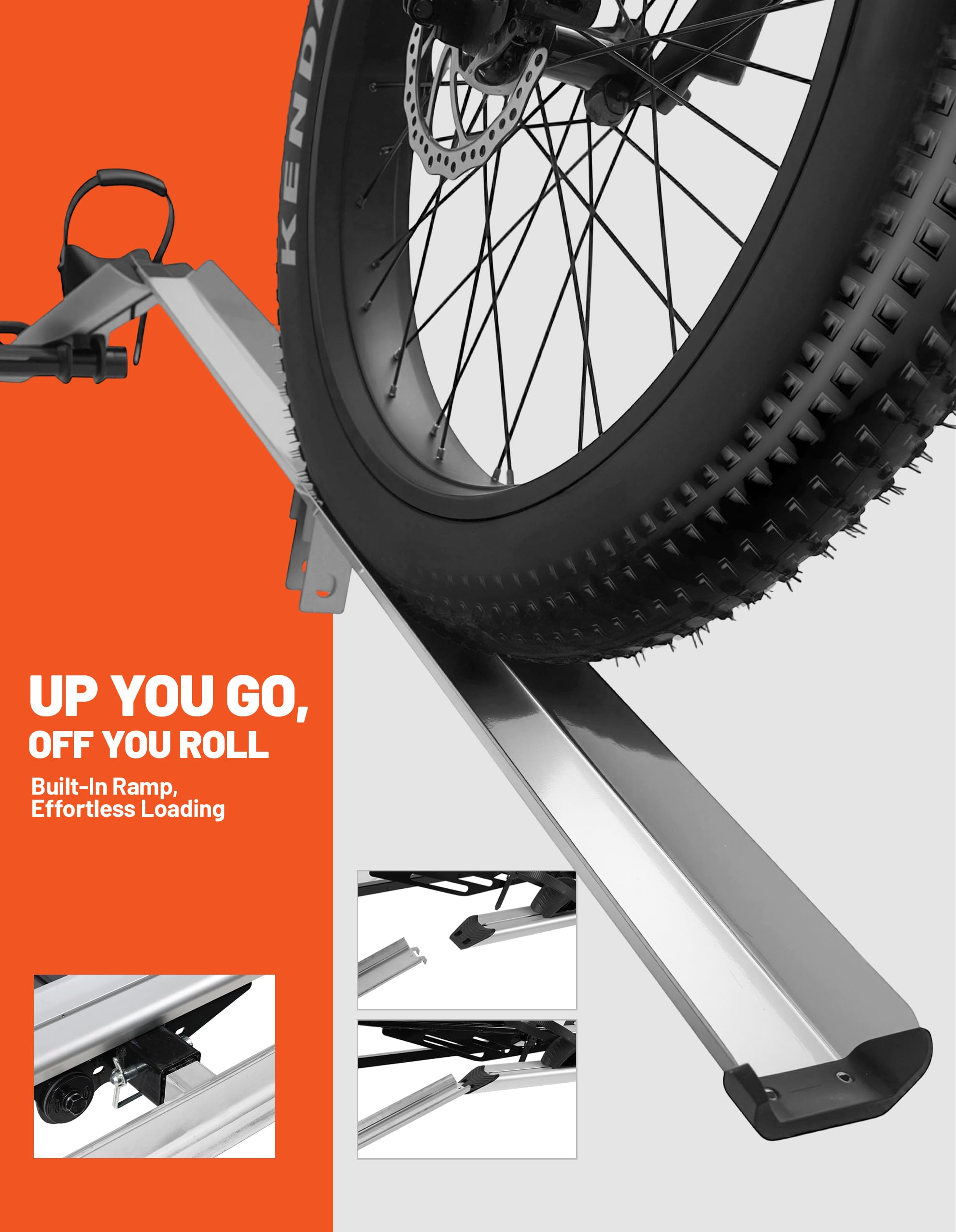 Bike Rack for Car - 2 Hitch Mount Ebike Rack with Ramp, Electric Bicycle Carrier Folding Platform E Bike Racks for Truck SUV RV Trailer, Mountain Bikes fit up to 5" Fat Tire, 200lbs Capacity