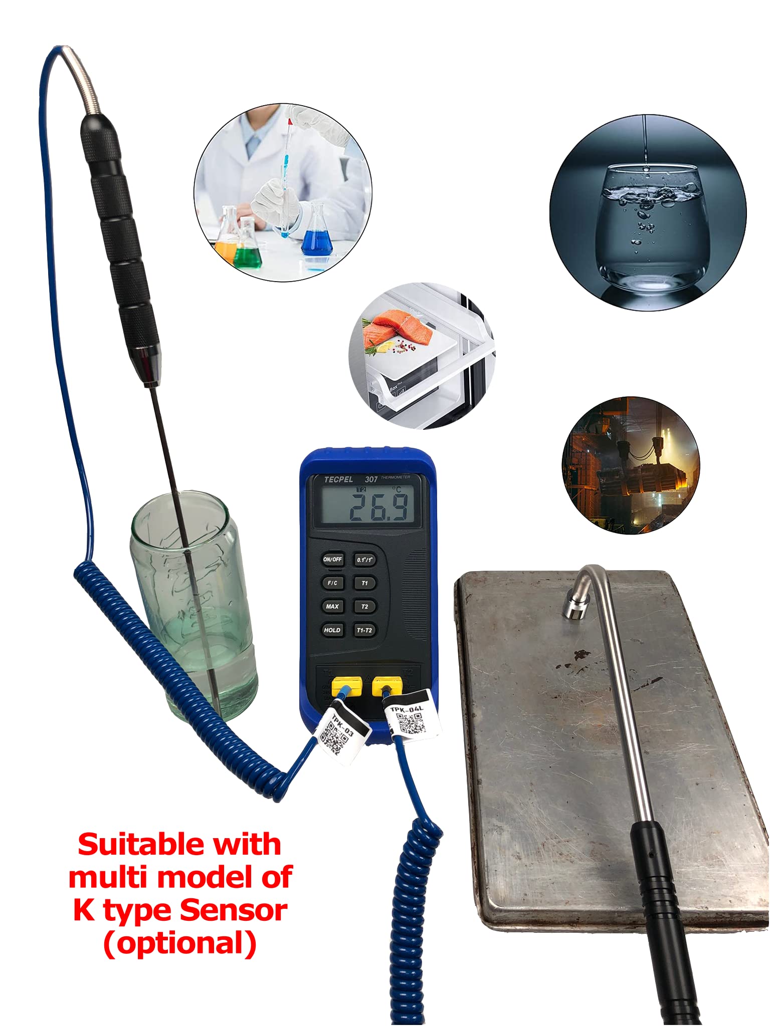 TECPEL Termometro digitale DTM-307 con 2 tipo k sonda sensore termocoppia