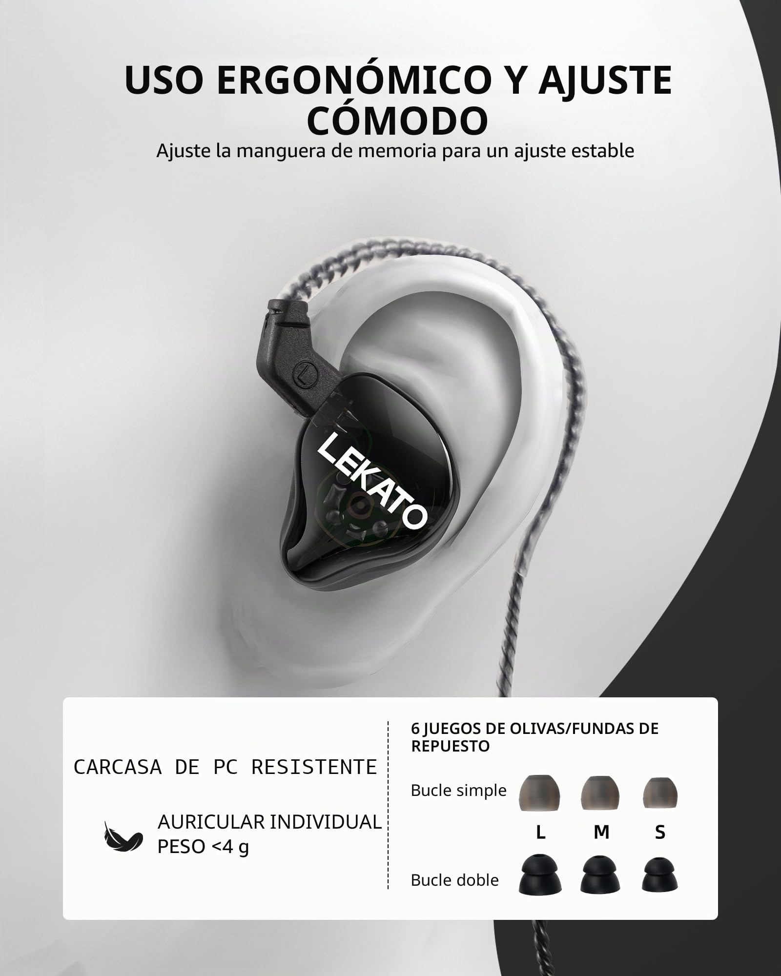 LEKATO Auriculares intrauditivos H5, híbridos HiFi IEM, Cable Desmontable de 2 Pines, 1BA+1DD, con Cable, para Juegos, Aislamiento de Sonido Profesional con Graves Profundos (sin micrófono)