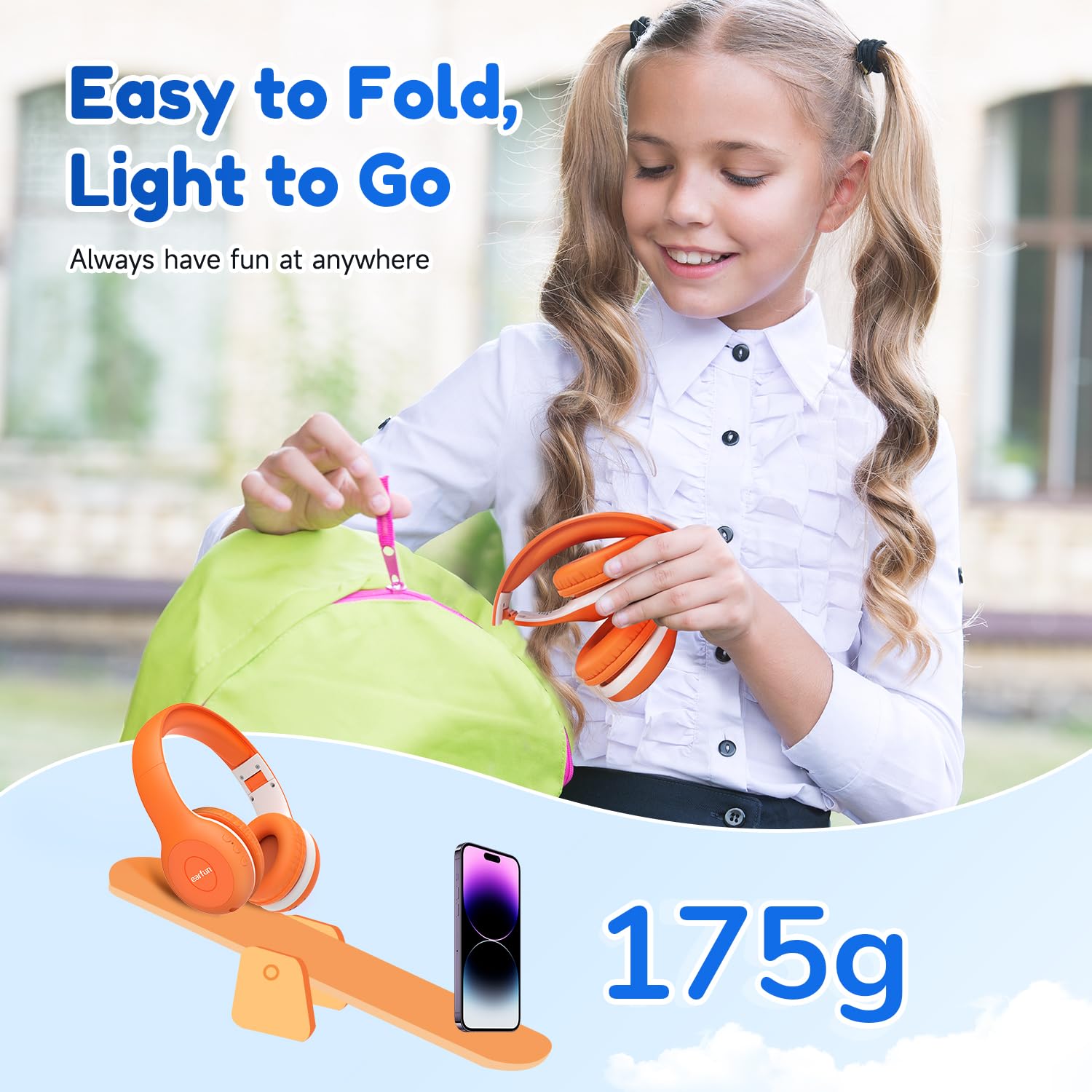 EarFun K2 Cuffie Bluetooth Bambini, Cuffie Wireless e Cablato, Limitatore Volume Sicuro 85/94 dB, 40 Ore Autonomia, Over-Ear Pieghevoli e Regolabili per Scuola/Tablet/Viaggio, Bluetooth 5.4, Arancione
