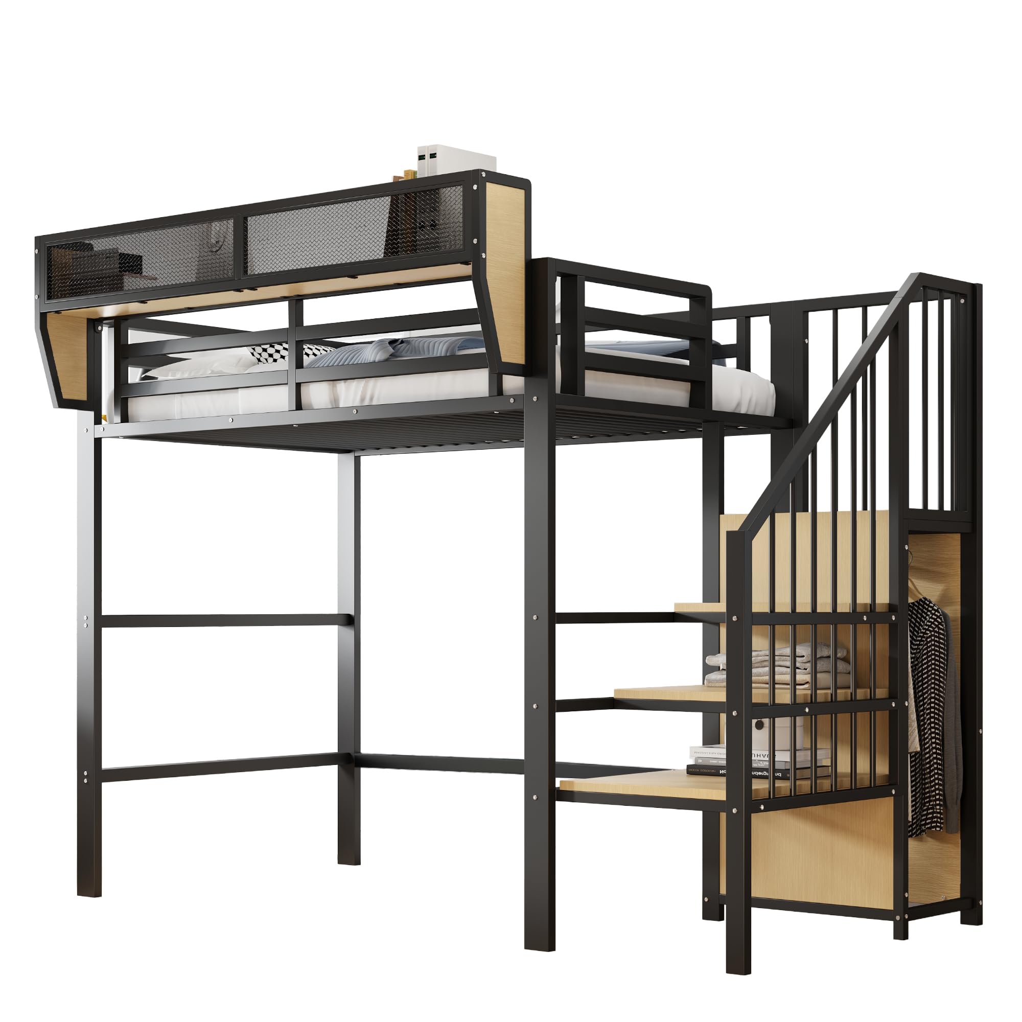 Idemon Letto a soppalco 90 x 200 cm, con scala di sicurezza e vano portaoggetti flessibile, letto in metallo per adulti, letto a soppalco per adolescenti (nero)