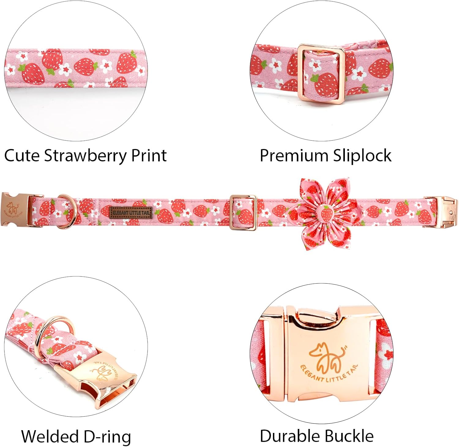 Elegant little tail Dog Collar, Spring Dog Collar with Flower Strawberry Print Cotton Soft Female Pet Collar Flower Dog Collar Adjustable Dog Collar for Large Dogs image 2