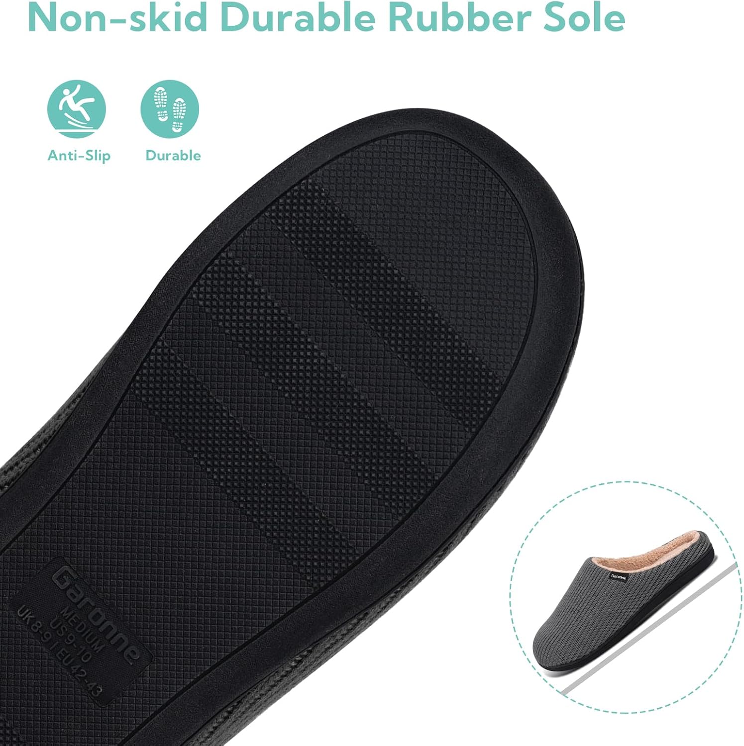 Garonne Men's Slippers with Memory Foam and Wool-Like Lining, Slip-on Cozy House Shoes with Non-slip Rubber Sole for Bedroom Indoor Outdoor - Image 6