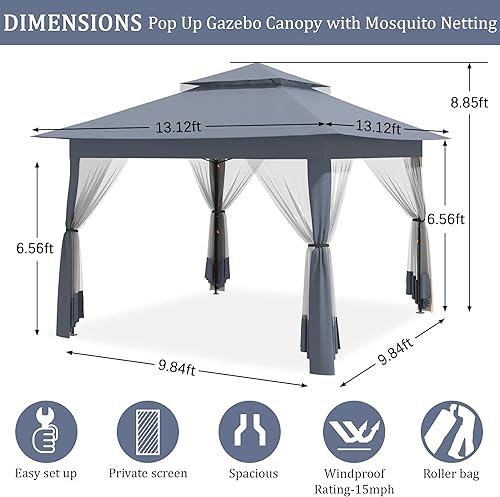 Miniatura 3 de yoyomax Gazebo desplegable para exteriores de 13 x 13 pies, tienda de campaña portátil con red, techo doble y 169 pies cuadrados de sombra para