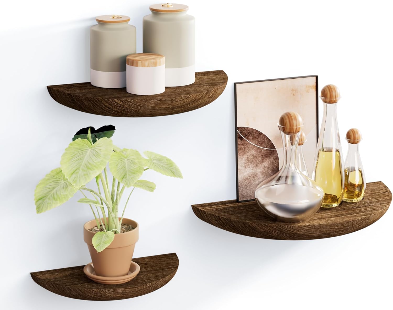 QsQueen Solid Wood Half Round Floating Wall Shelves | Elegant Floating Shelves, Elevate Your Space. Perfect for Living Rooms, Bathrooms, Bedrooms, Offices, Children's Rooms Brown