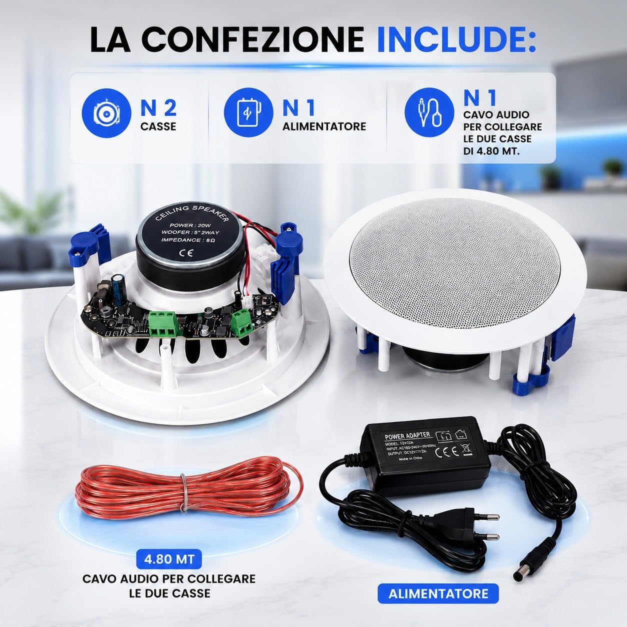 Coppia 2 Casse da Soffitto Parete con Bluetooth 20W ad incasso 2 Vie Woofer 5" Altoparlanti Audio per Casa Ufficio Controsoffitto con 1 Cassa Bluetooth e 1 Passiva