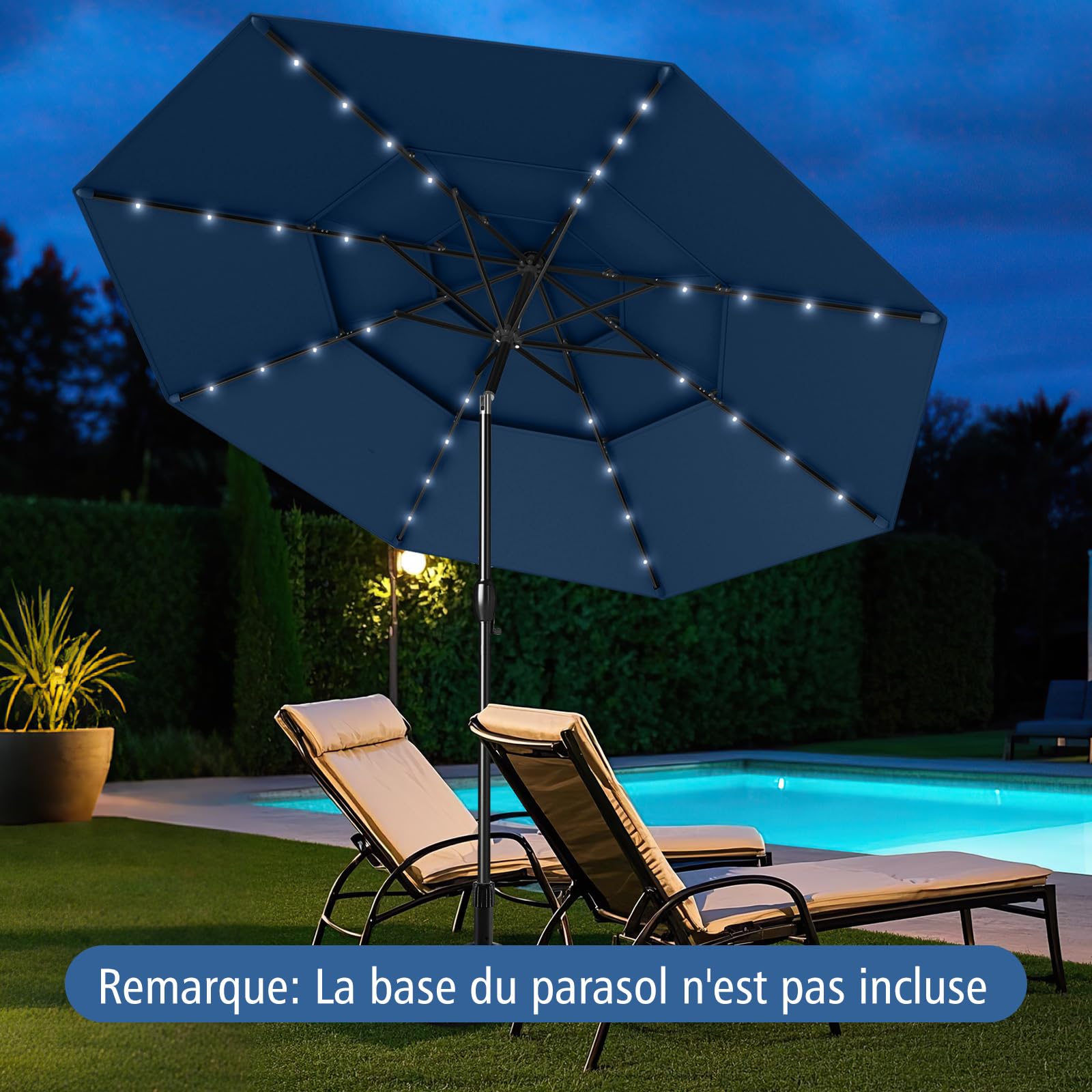 GOPLUS Parasol de Jardin Exterieur avec 32 LED Solaire, 3M Parasol Balcon Inclinable avec Toit à 3 Niveaux, 8 Baleines, Manivelle, Protection Solaire, pour Terrasse, Plage, Patio (Bleu)