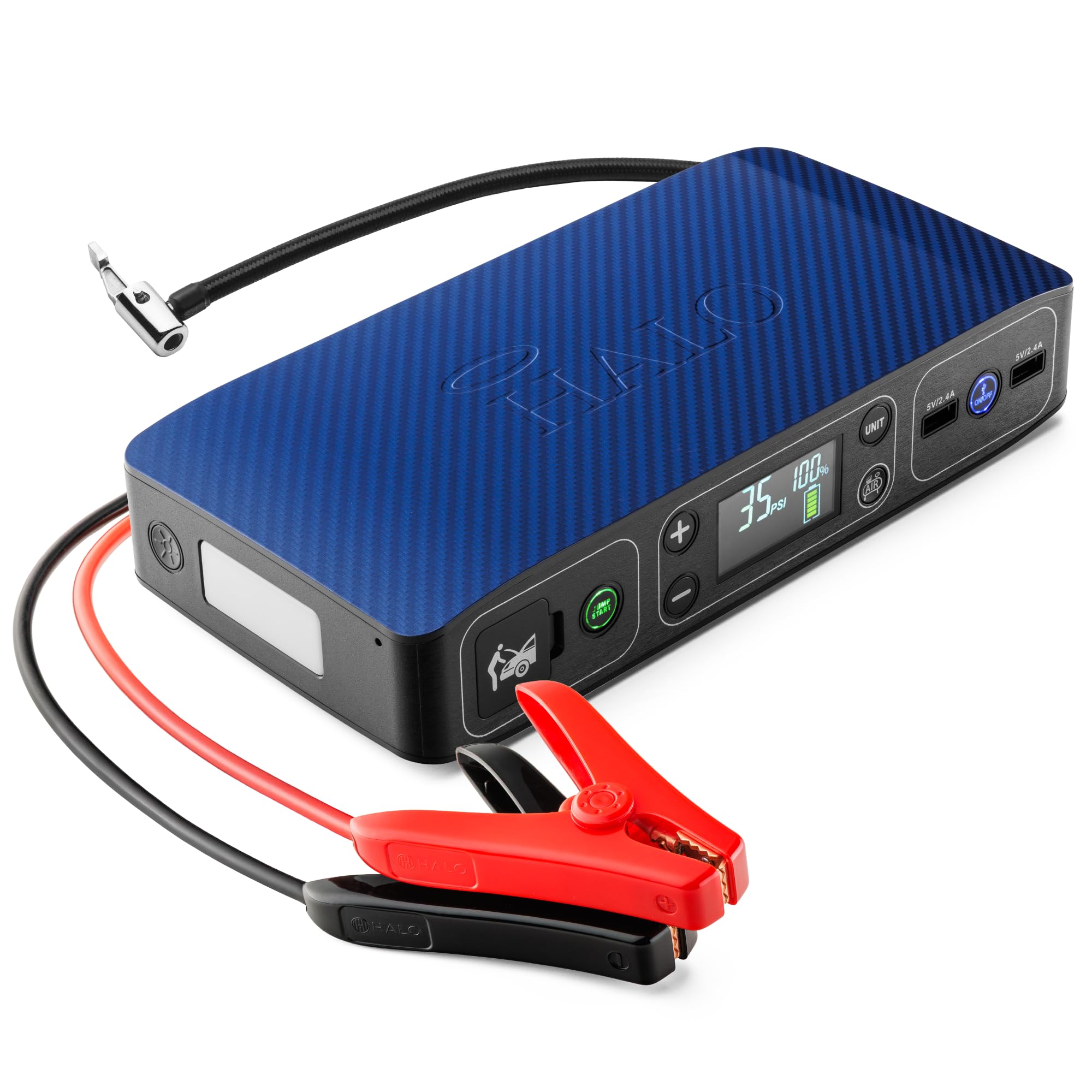 HALO Bolt Air 58830 Portable Car Battery Jump Starter | 100 PSI Air Compressor, 58.8Wh USB Power Bank, Emergency Floodlight & Charger, Jumps Cars SUVs & Trucks, Inflates Tires, TSA Approved — Blue