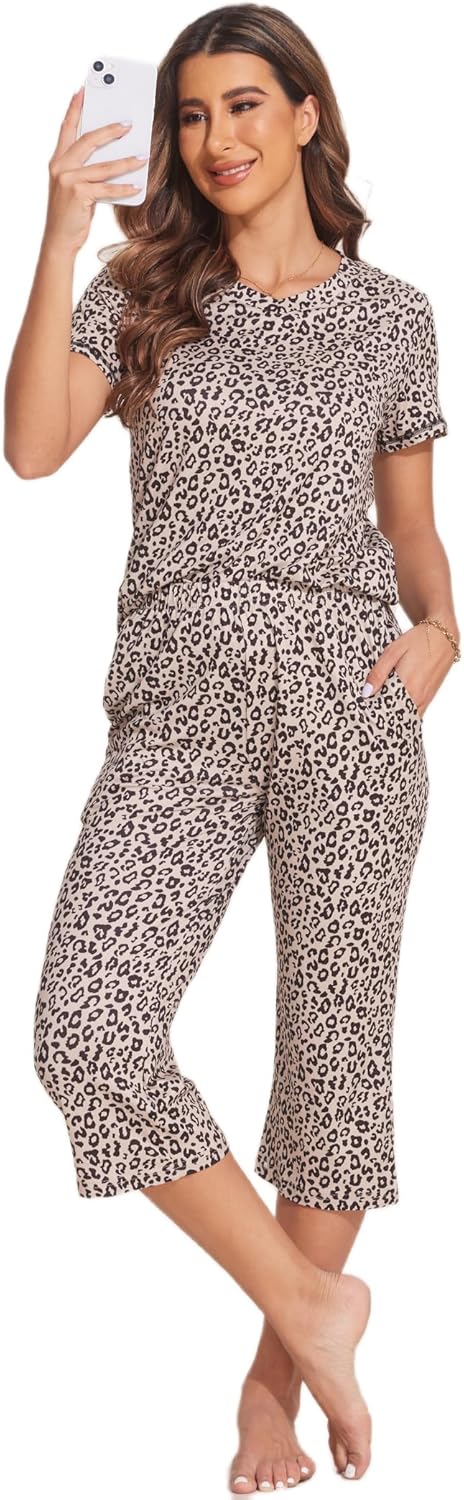 Ekouaer Women's Sleepwear Capri Pajama Sets Short Sleeve Two-Piece Pjs V Neck Tops & Capri Pants with Pockets S-3XL - Image 5