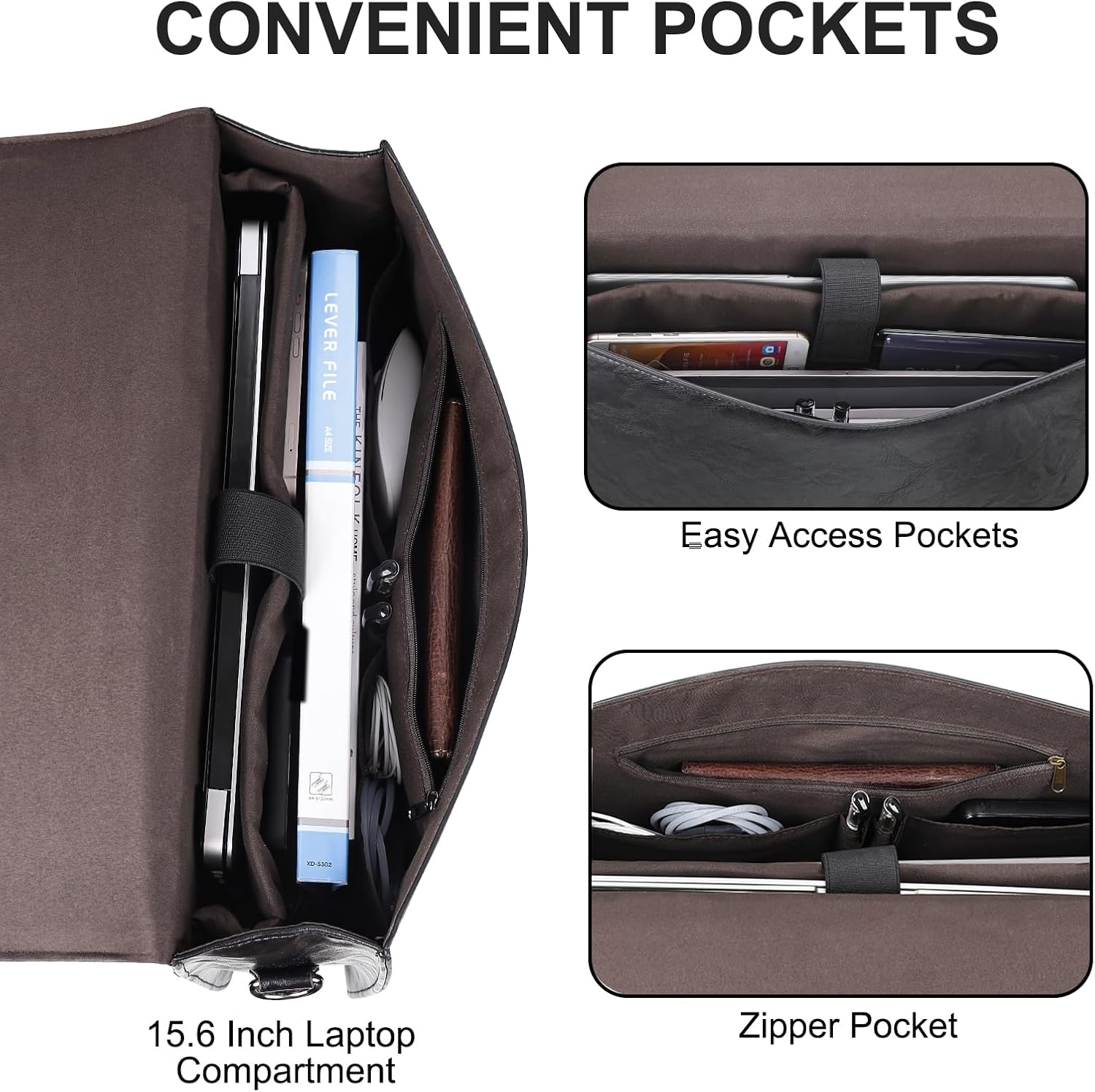 ESTARER Mens Leather Briefcase 15.6 Inch Laptop Messenger Bag, Professional Computer Shoulder Bag Office Satchel for Work Business, Black - Image 3