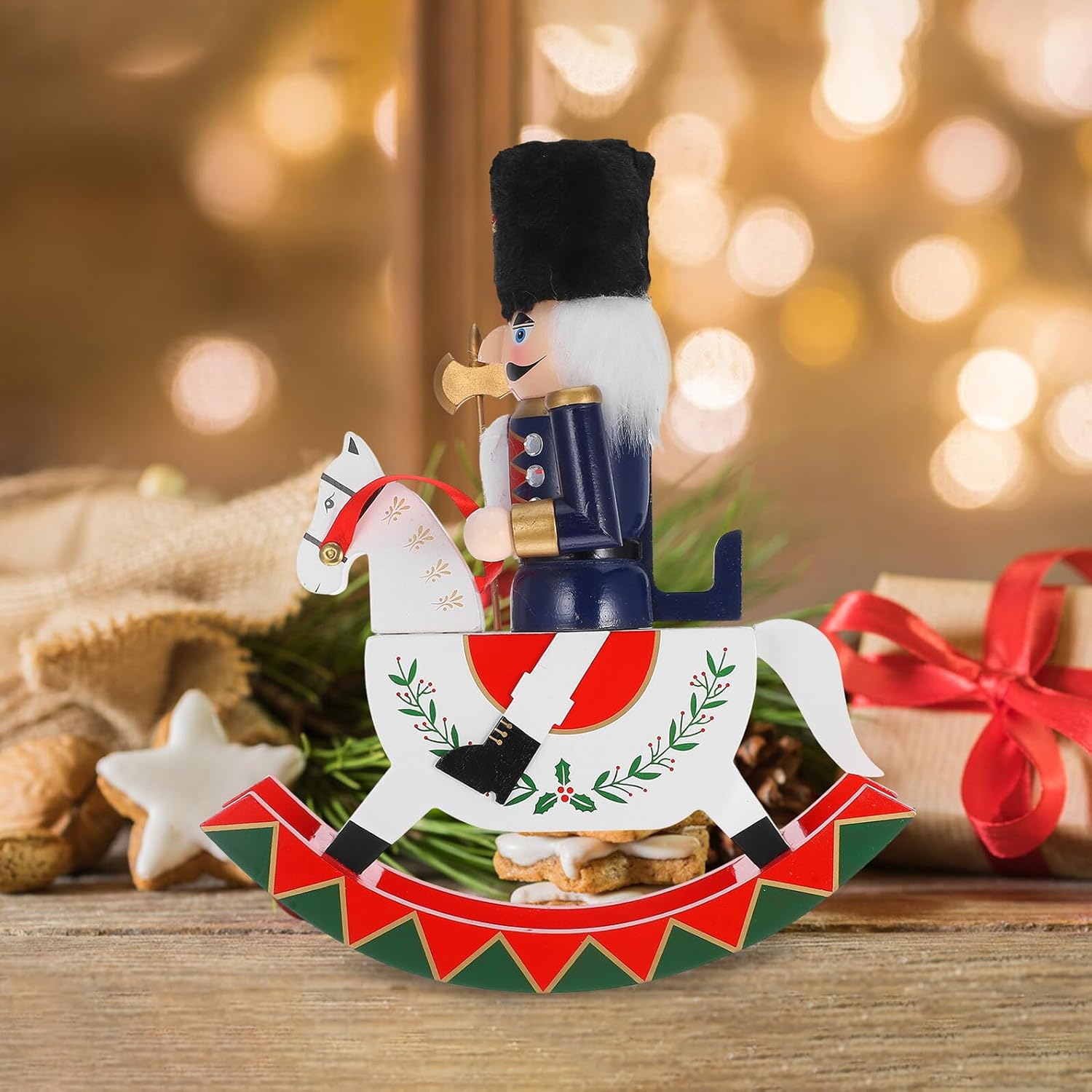 Wooden Christmas Nutcracker Horse Figurine Traditional Holiday Table Decor Festive Desktop Ornament for Seasonal Home Decoration