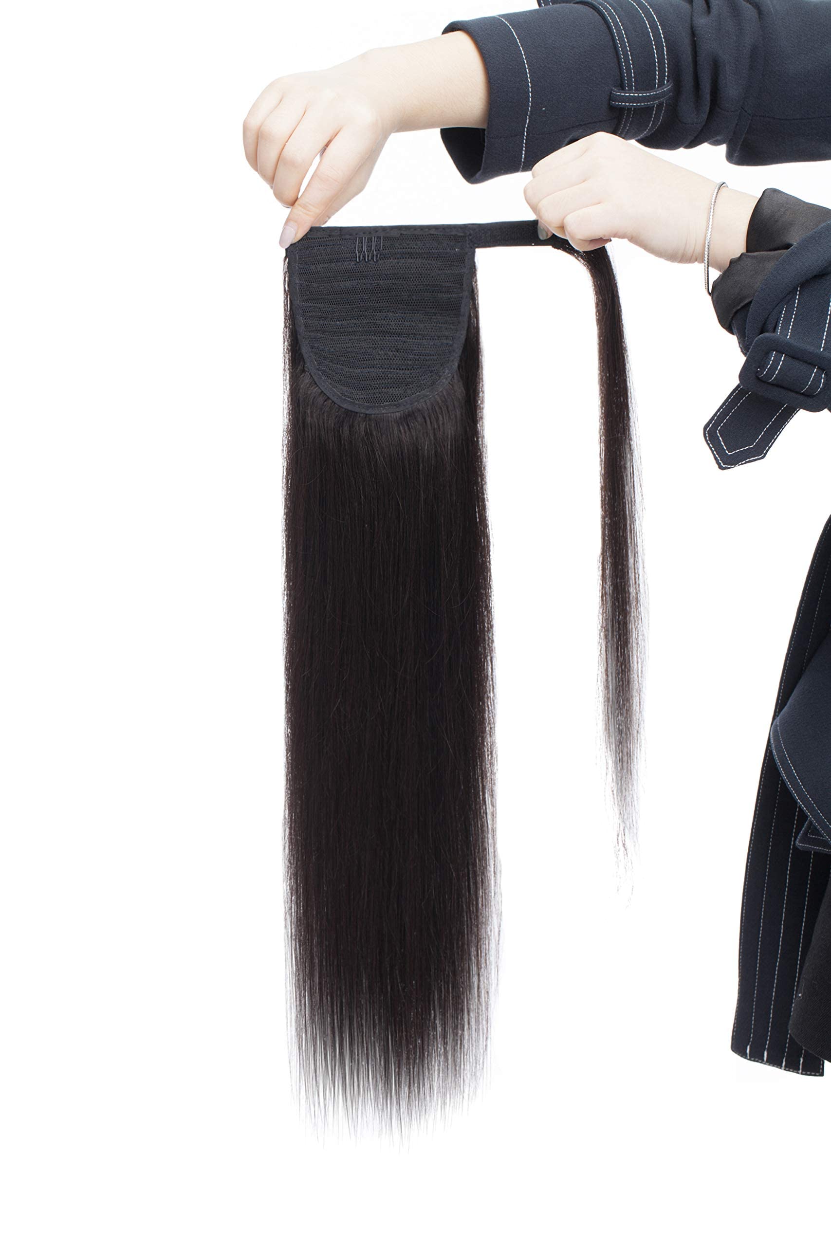 (50cm , 1B Natural Black) - Ponytail Human Hair Extensions Real Hair Wrap Around Ponytail Hairpieces Remy Hair Clip in Pony Tails One Piece Ponytail Hair Piece with Magic Paste For Women 50cm 95g 1...