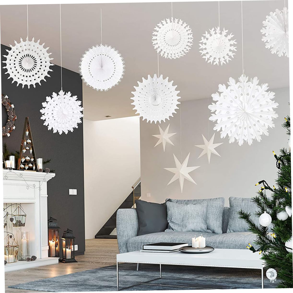 Cabilock 3 Ensembles Ensemble de décoration de Noël Suspension décorative Flocon de Neige éventails en Papier pour la décoration Decoration bibliotheque décoration bibliothèque Ornement 3D