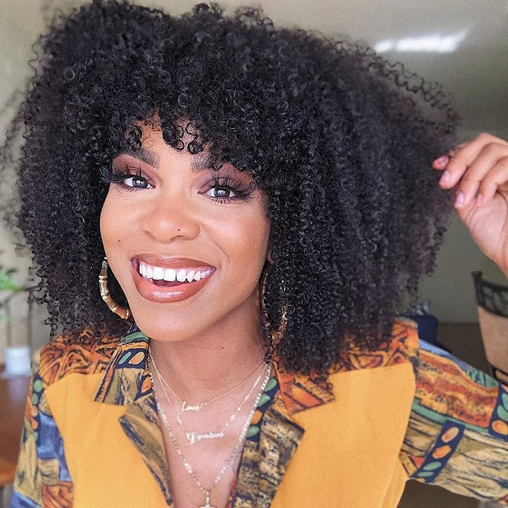 Afro Kinky Curly Human Hair Wig with Bangs for Women None Lace Human Hair Glueless Wig 180% Density Small Curly Human Hair Wigs for Black Women Afro Wig 12 Inch