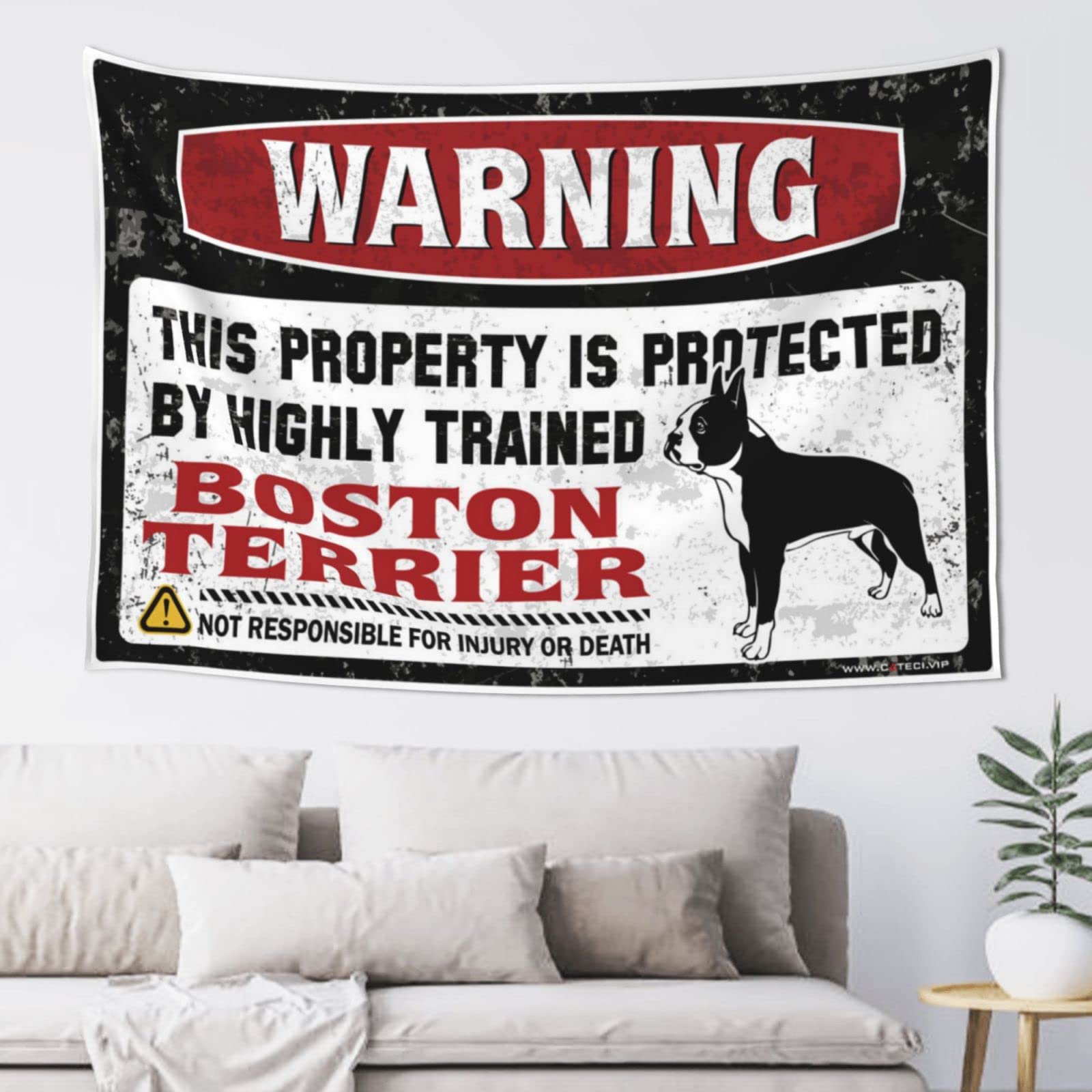 Pravoxi Boys One Color Tapestries Warning This Property Is Protected By A Highly Trained Boston Terrier Tapestry Bedroom Decorations Decor For Bedroom(100X150cm)