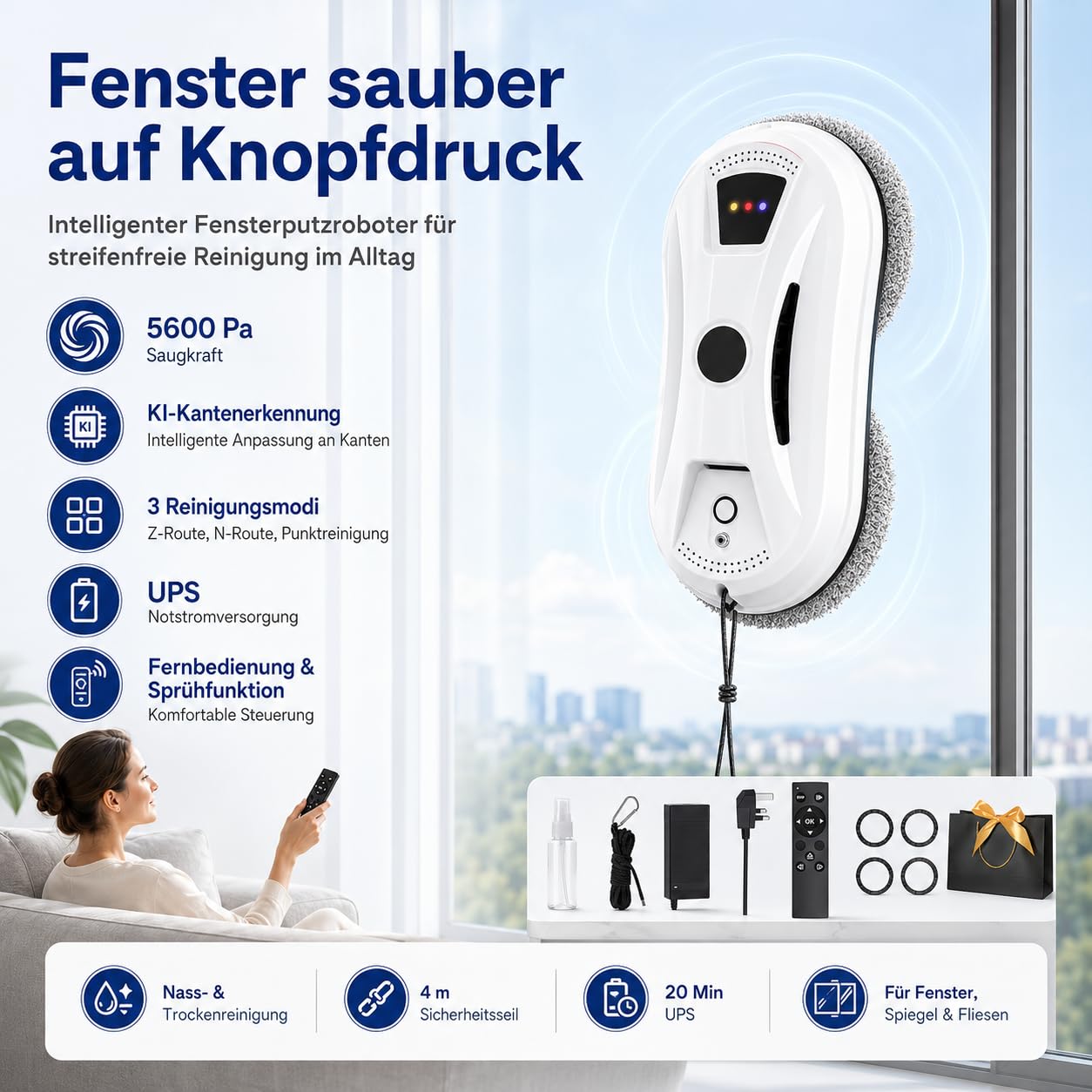 Osmo RoboClean Fensterputzroboter - 2027 Robo Clean Fensterreinigungsroboter mit Fernbedienung, 3Automatische Reinigungsmodi, Intelligente Navigation&Kantenerkennung, Sicherungsseil,für Fenster (A)