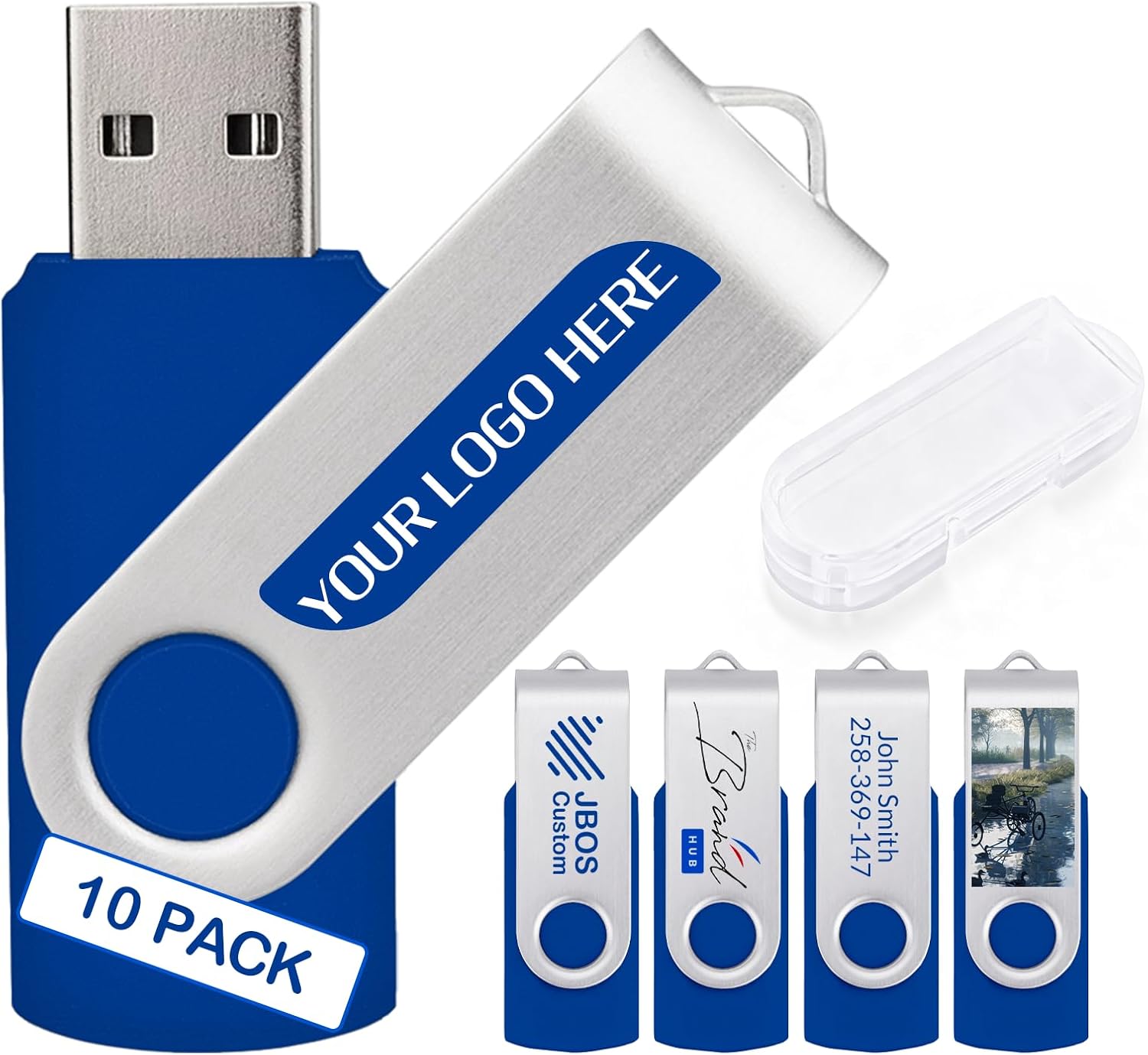 10 Pack Custom USB Flash Drives 256MB USB 2.0,Bulk Personalized Thumb Drives with Logo for Business, Events, Text or Image Printing, JBOS Customized Memory Sticks-Royal Blue